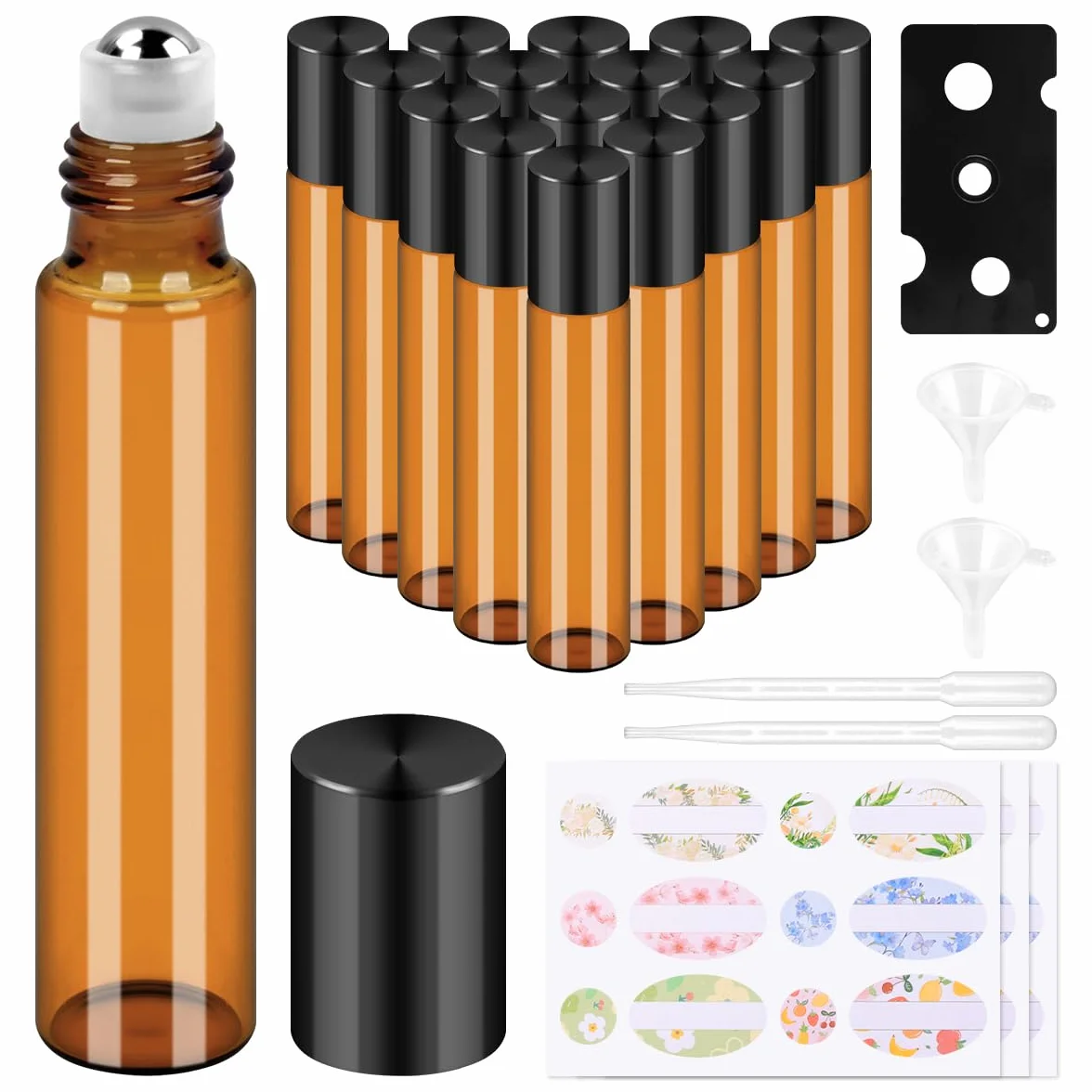 Roll on butelka pusta 10 ml, 15 sztuk, brązowe olejki eteryczne, szklane butelki z pipetą, kulkami ze stali nierdzewnej, do perfum, kosmetyków, aromaterapii, masażu, czarny