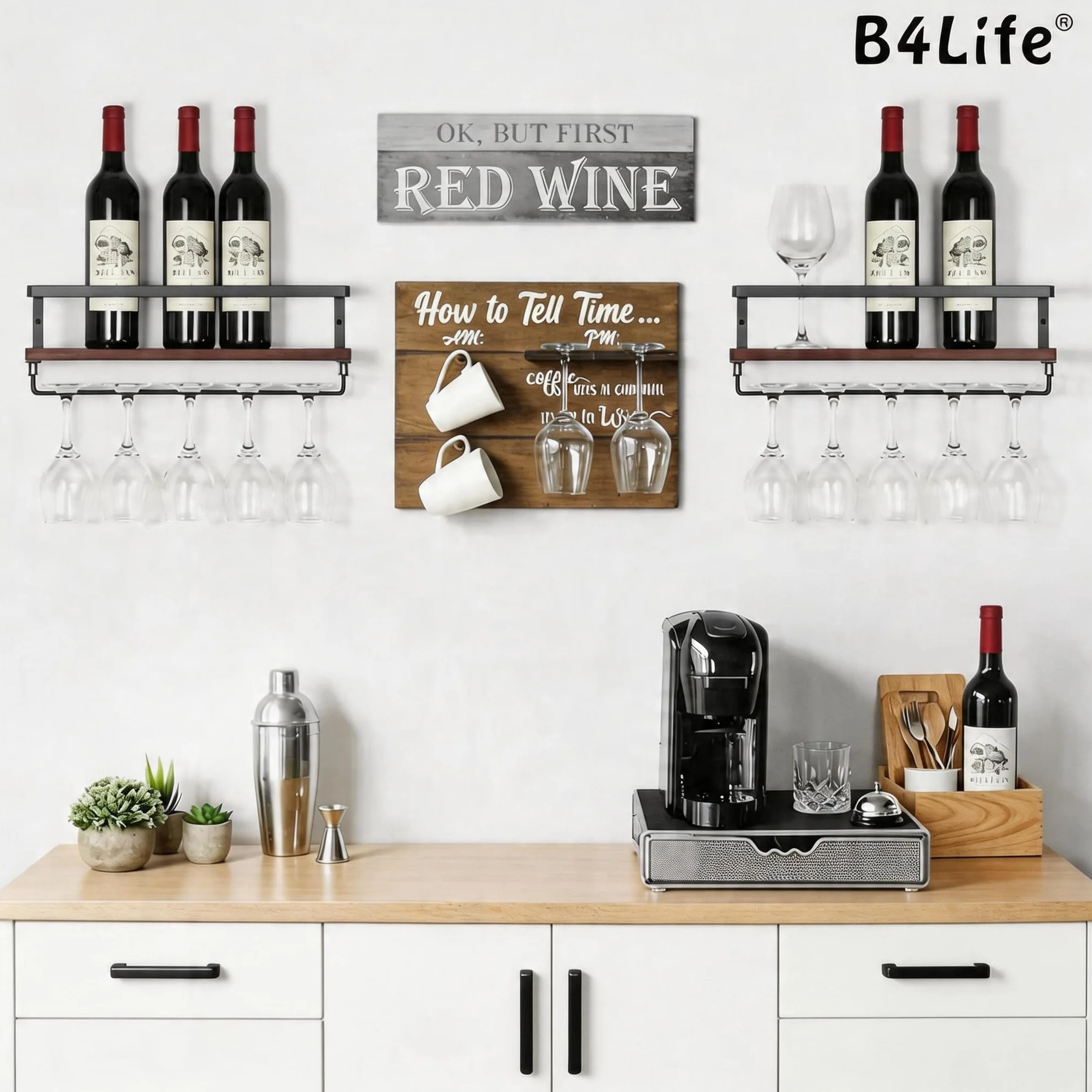 B4Life Regał na Wino Montowany na Ścianie Drewniany Vintage Zestaw 2 Szt. System Stemware