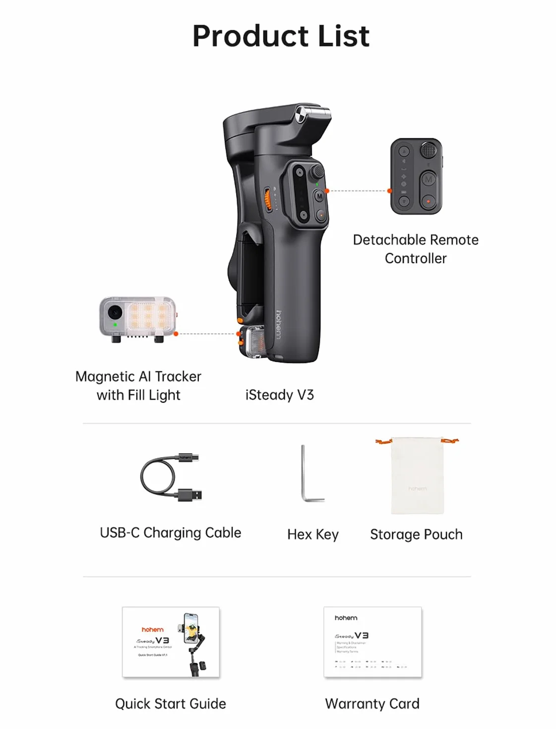 hohem iSteady V3 stabilizator gimbala do smartfona, światło wypełniające AI Tracker, odłączany pilot, wbudowany drążek przedłużający statyw, ulepszony 3-osiowy 3-osiowy składany stabilizator do