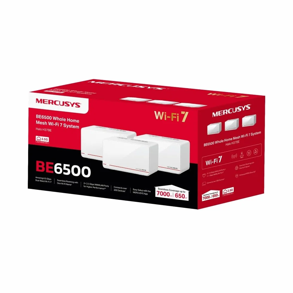 Mercusys TP-Link Halo H37BE Mesh Wi-Fi 7 BE6500Mbps Dual-Band, 2 x 2,5 G porty WAN/LAN, 1 x Gigabit Port WAN/LAN, pokrycie do 650 m2, 4K-QAM, MLO, Multi-RUs, OFDMA, sterowanie aplikacją, WPA3-SAE, 3
