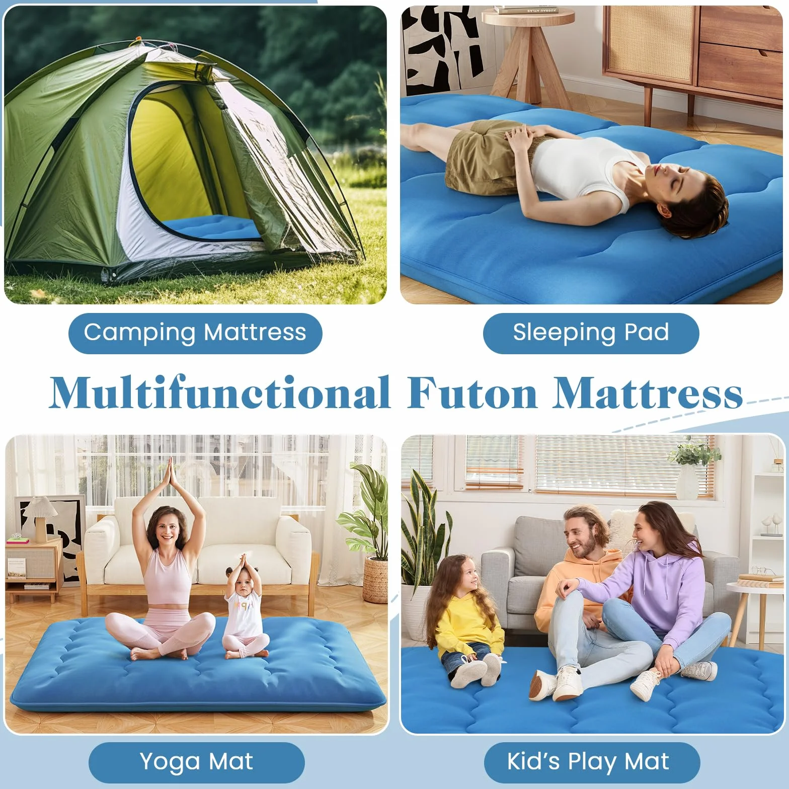 LIFEZEAL Futon materac japoński składany przenośny Tatami 140 x niebieski