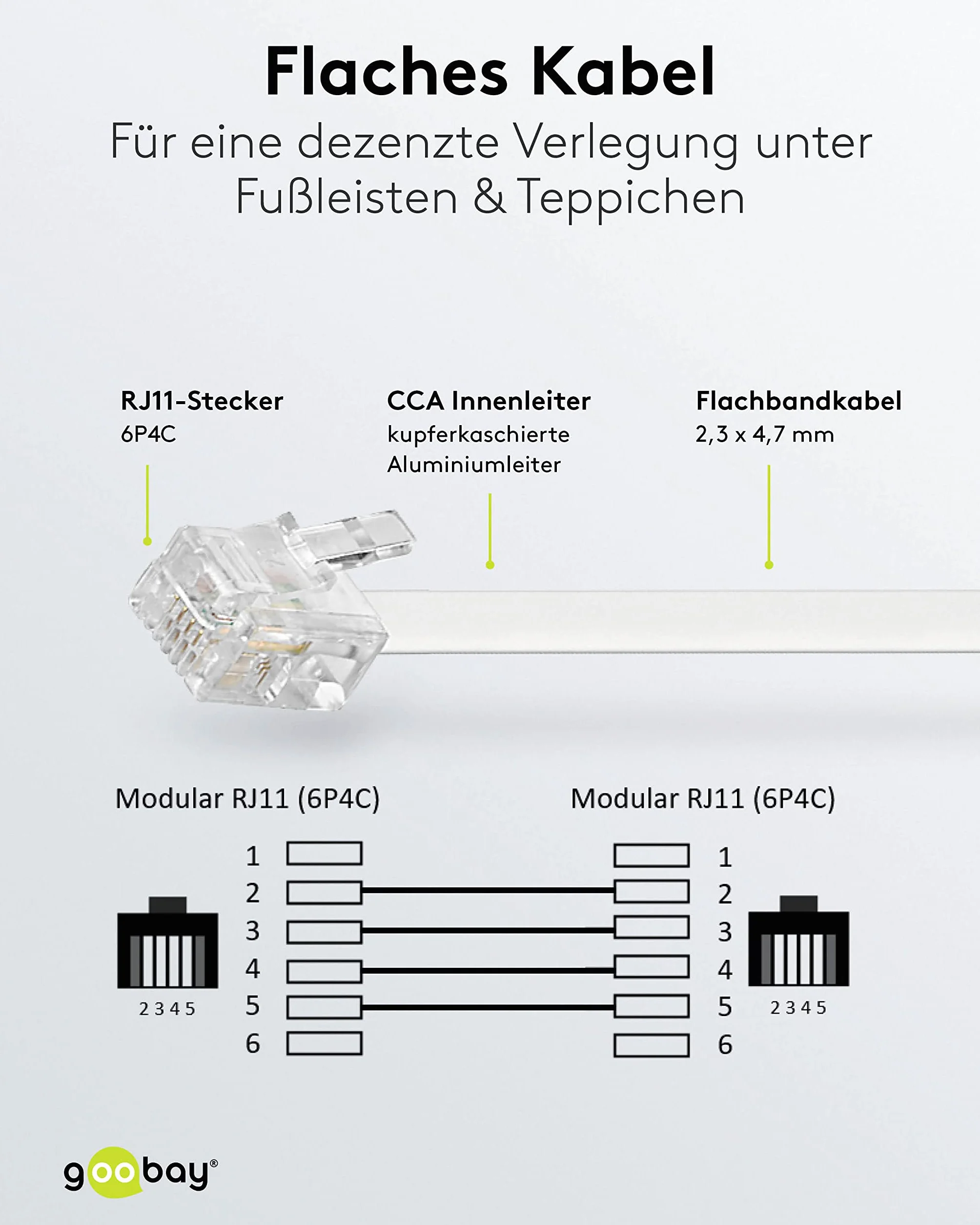 Goobay 93063 kabel przyłączeniowy modułowy 10 metrów, biały - wtyk RJ11/RJ14 (6P4C) do wtyczki RJ11/RJ14 (6P4C)