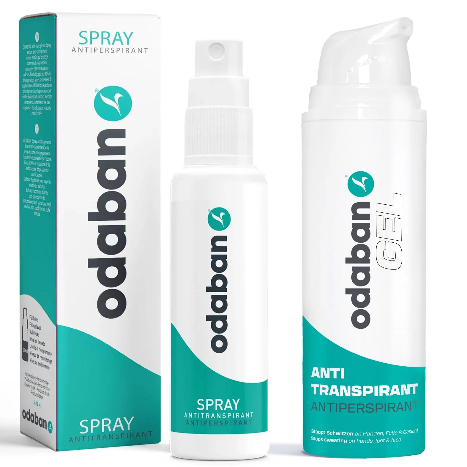 odaban® Zestaw – antyperspirant w sprayu i żelu – ukierunkowany środek przeciwko obfitemu poceniu się – idealny na ręce, stopy i twarz – długotrwała formuła, przyjazna dla skóry i odpowiednia dla