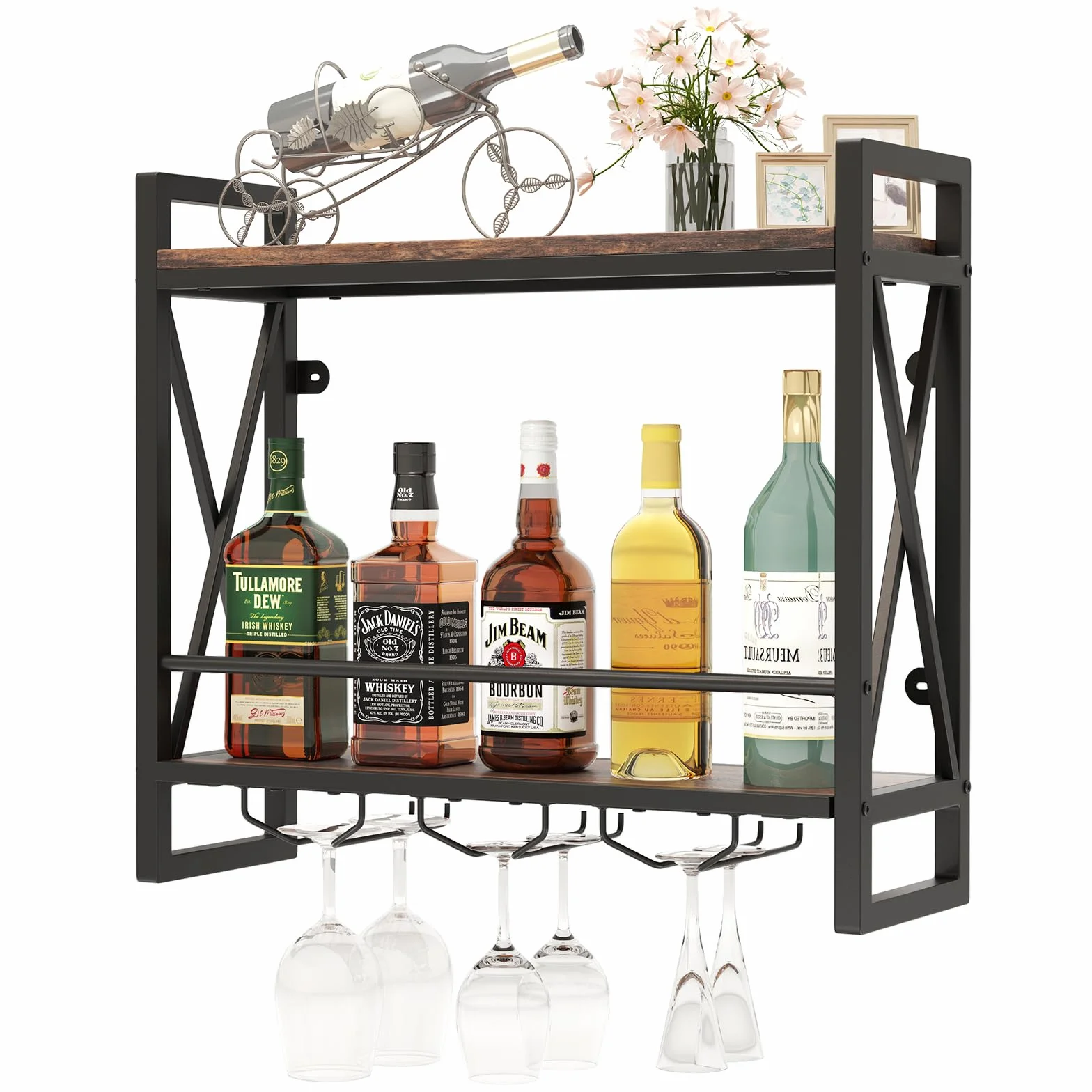 COSTWAY Regał ścienny na wino 2 poziomy metalowa ramka 60 x 20 x 55 cm