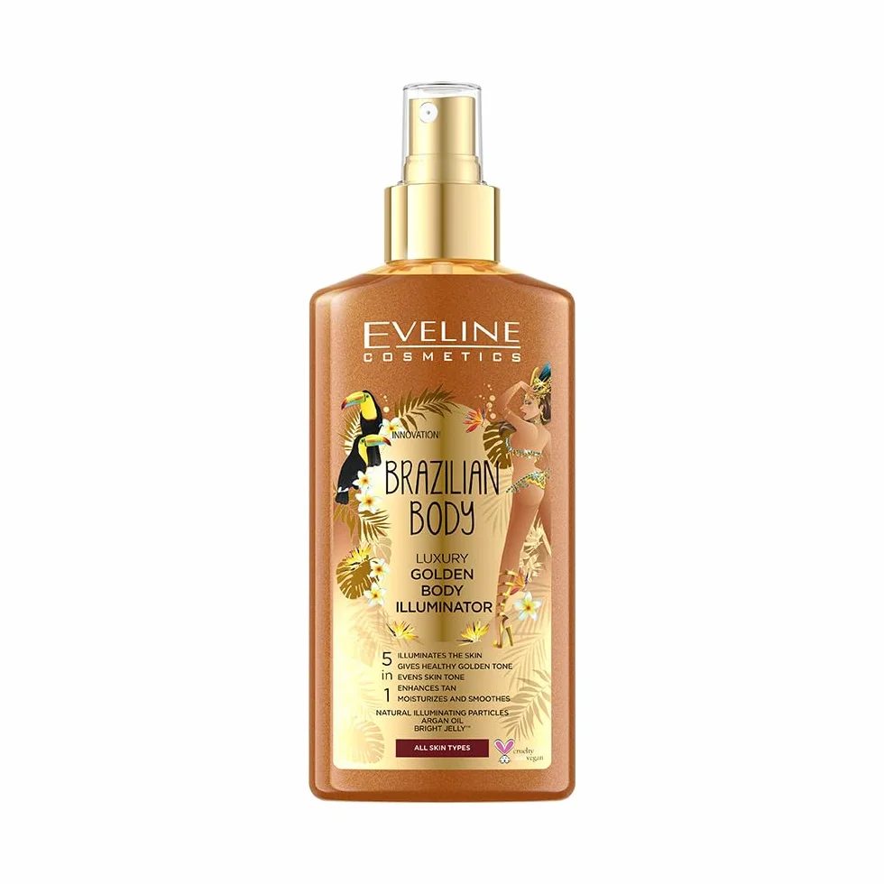 Eveline Cosmetics Brazilian Body Luksusowa złota mgiełka brązująca 5w1 do każdego rodzaju skóry Nawilża Rozjaśnia Wygładza Wyrównuje koloryt skóry Rozświetla 150ml