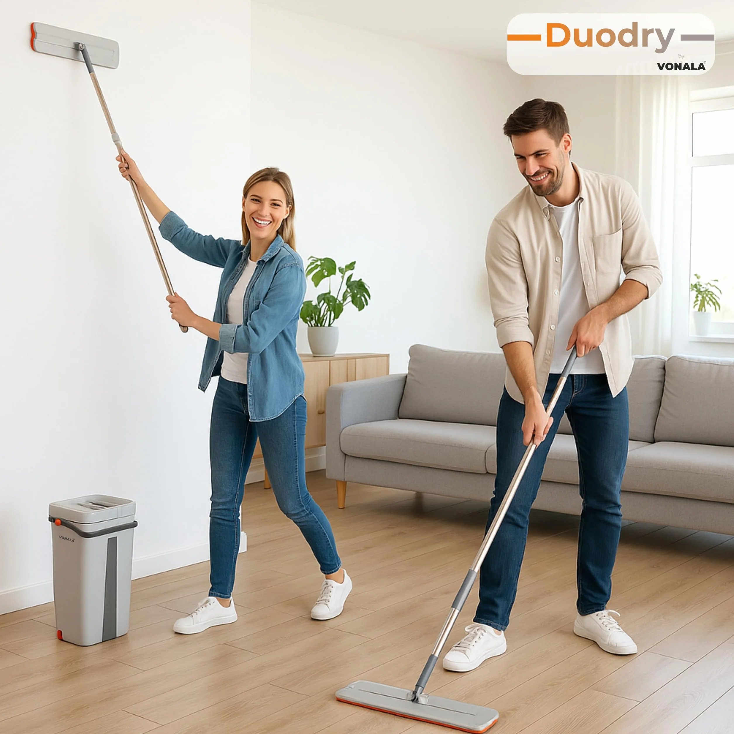 DuoDry Mop Mop z wiadrem ociekowym, wiadro z dwoma komorami i 6 mopcami do czyszczenia podłóg, płytek i ścian