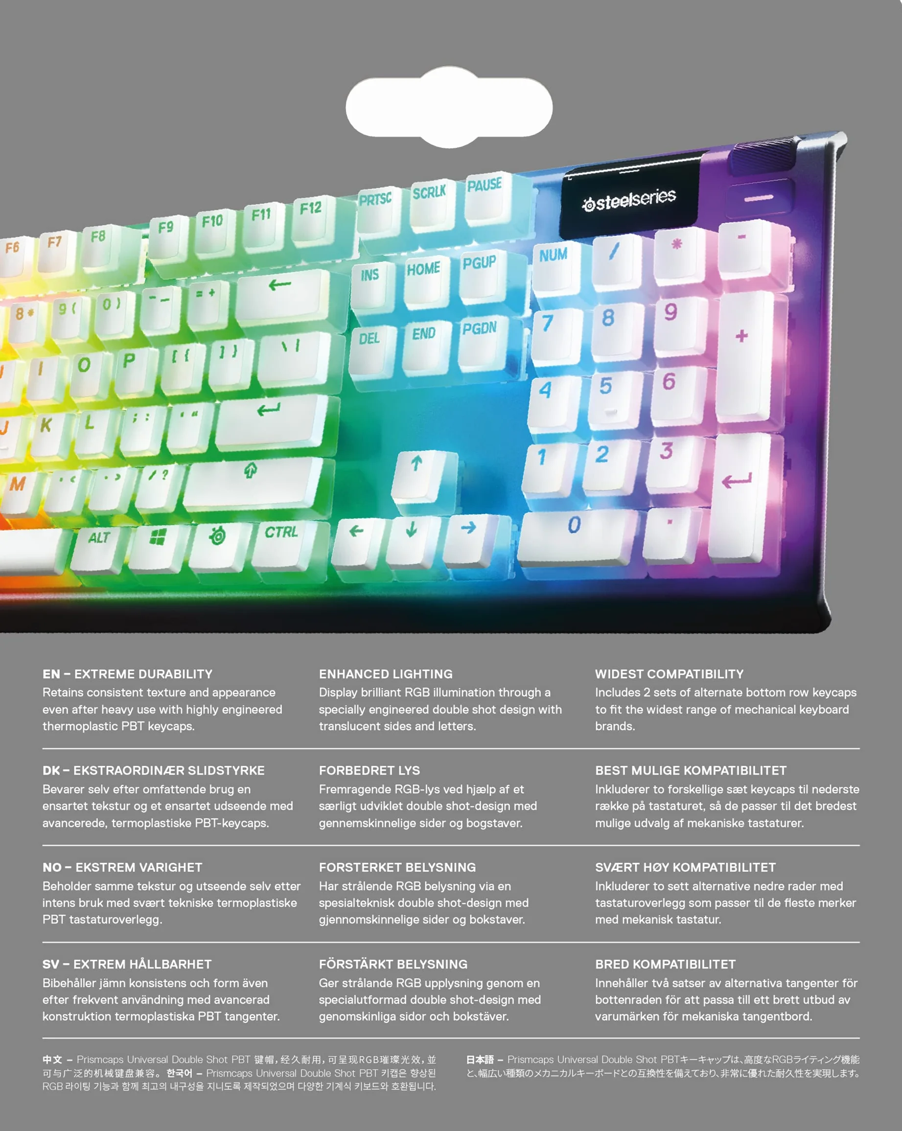 SteelSeries 60380 PrismCaps, Zestaw dwustronnych przycisków o wyglądzie"Pudding", kompatybilne ze wszystkimi popularnymi klawiaturami mechanicznymi, popychacz MX, Biały (niemiecki układ klawiatury)