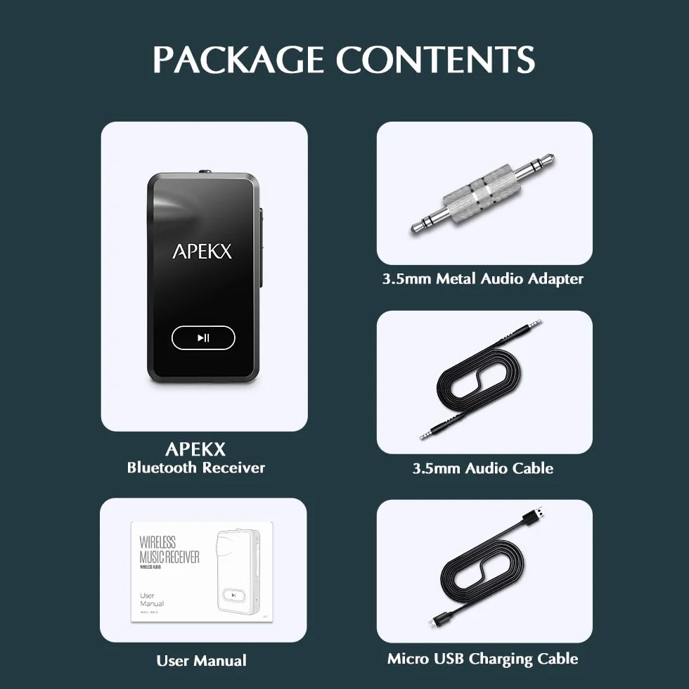APEKX Adapter samochodowy Bluetooth, bezprzewodowy odbiornik audio Hi-Fi 3,5 mm Aux z 15 godzinami pracy na baterii, do domowego zestawu stereo, przewodowych słuchawek i głośników (czarny)