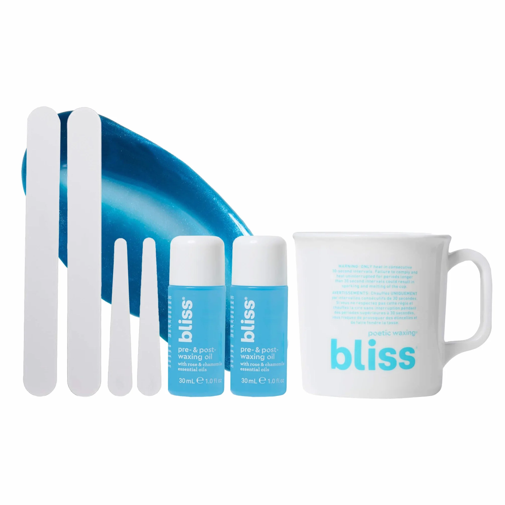 Bliss Bliss Poetic Waxing Microwaveable Waxing Kit (Waxing Mug, Super Skin Cleanser, olejek przed i po woskowaniu, 3 duże + 3 małe szpatułki, płatki eliminujące wrośnięcie)