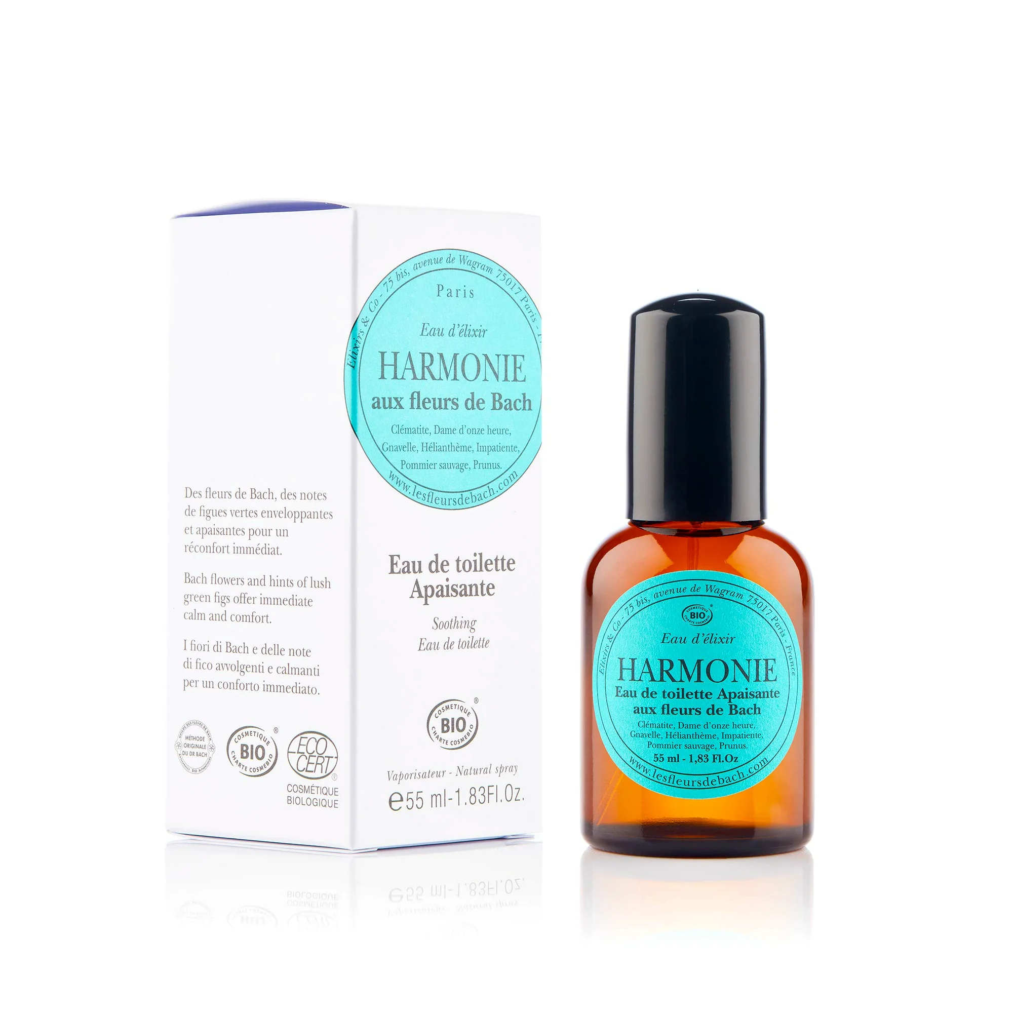 Elixirs & Co - Woda toaletowa z kwiatami Bach - Wellness - 100% Naturell - Wegańska - Organiczna - Wyprodukowano we Francji - Harmonia - Kojąca woda toaletowa - 55ml