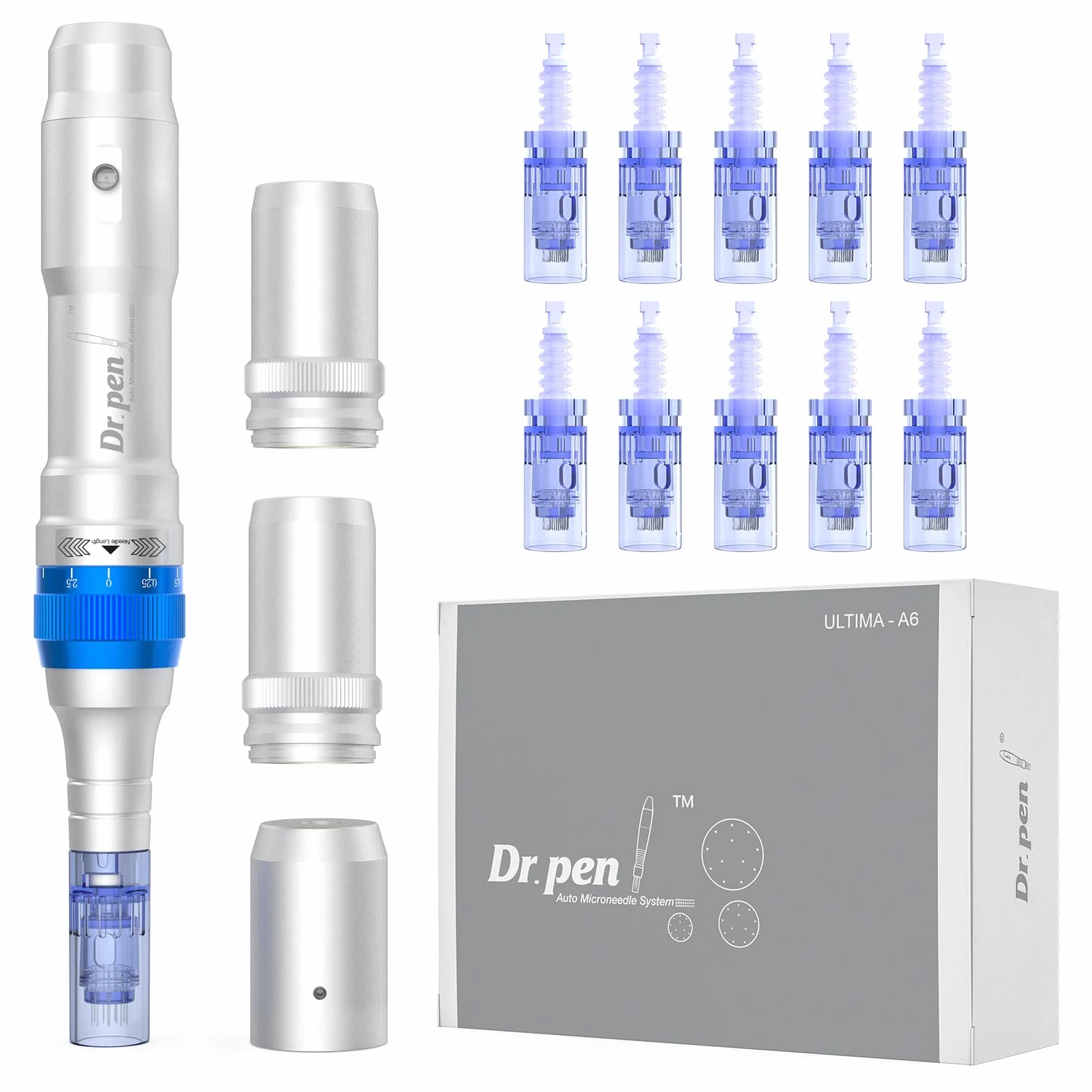 Dr.Pen A6 mikronkowy długopis do twarzy i ciała Mirco Needling Derma Pen do serum blizn z 5 prędkościami, regulowana głębokość, z 2 bateriami zapasowymi i 10 wkładami, 36-pinowa, przewodowa i