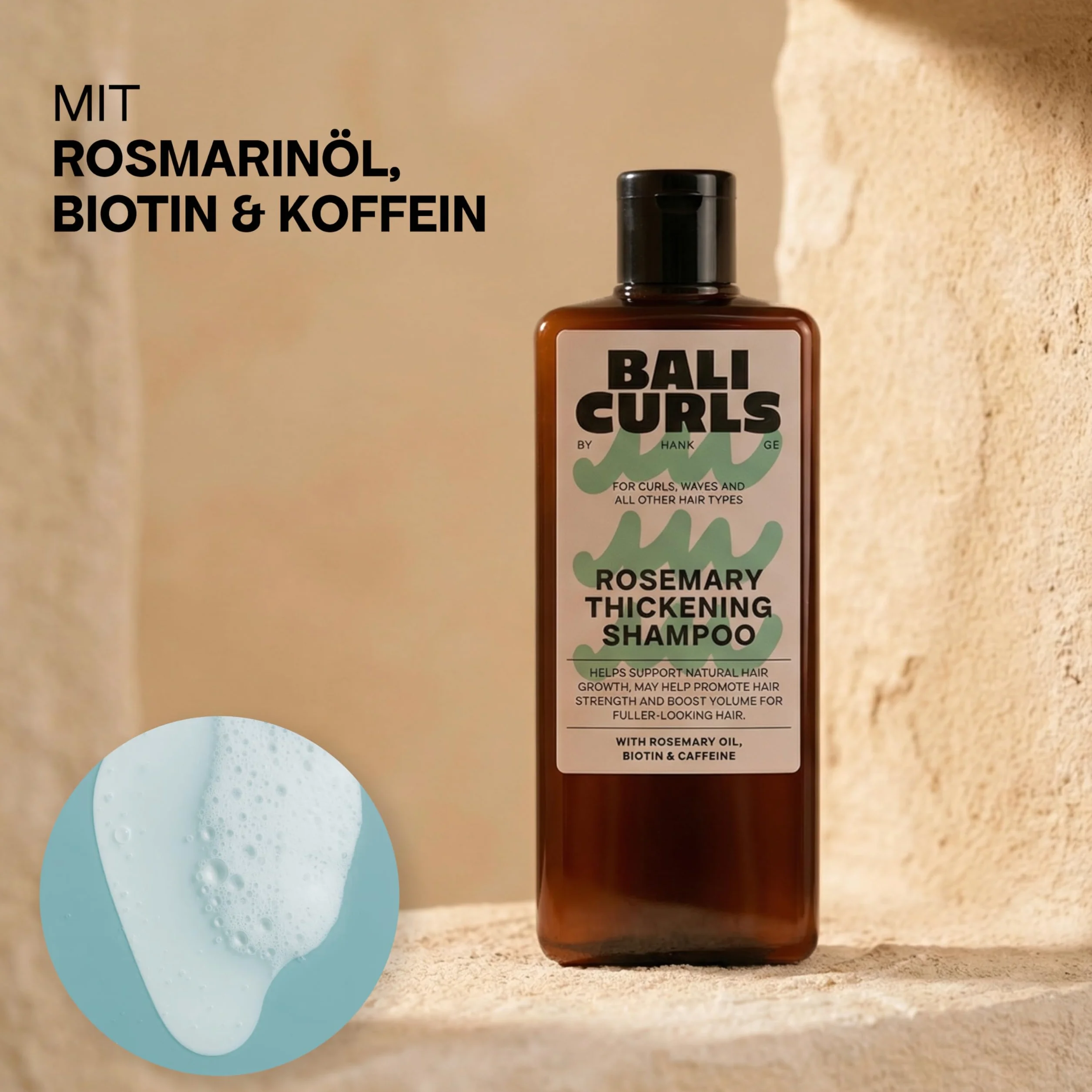 Bali Curls Rosemary Thickening Shampoo – Wzmacniający z olejkiem z rosmarinu, biotyną i kofeiną – Wegańska maska do włosów o objętości dla włosów delikatnych i cienkich – Przyjazny dla loków – 200 ml