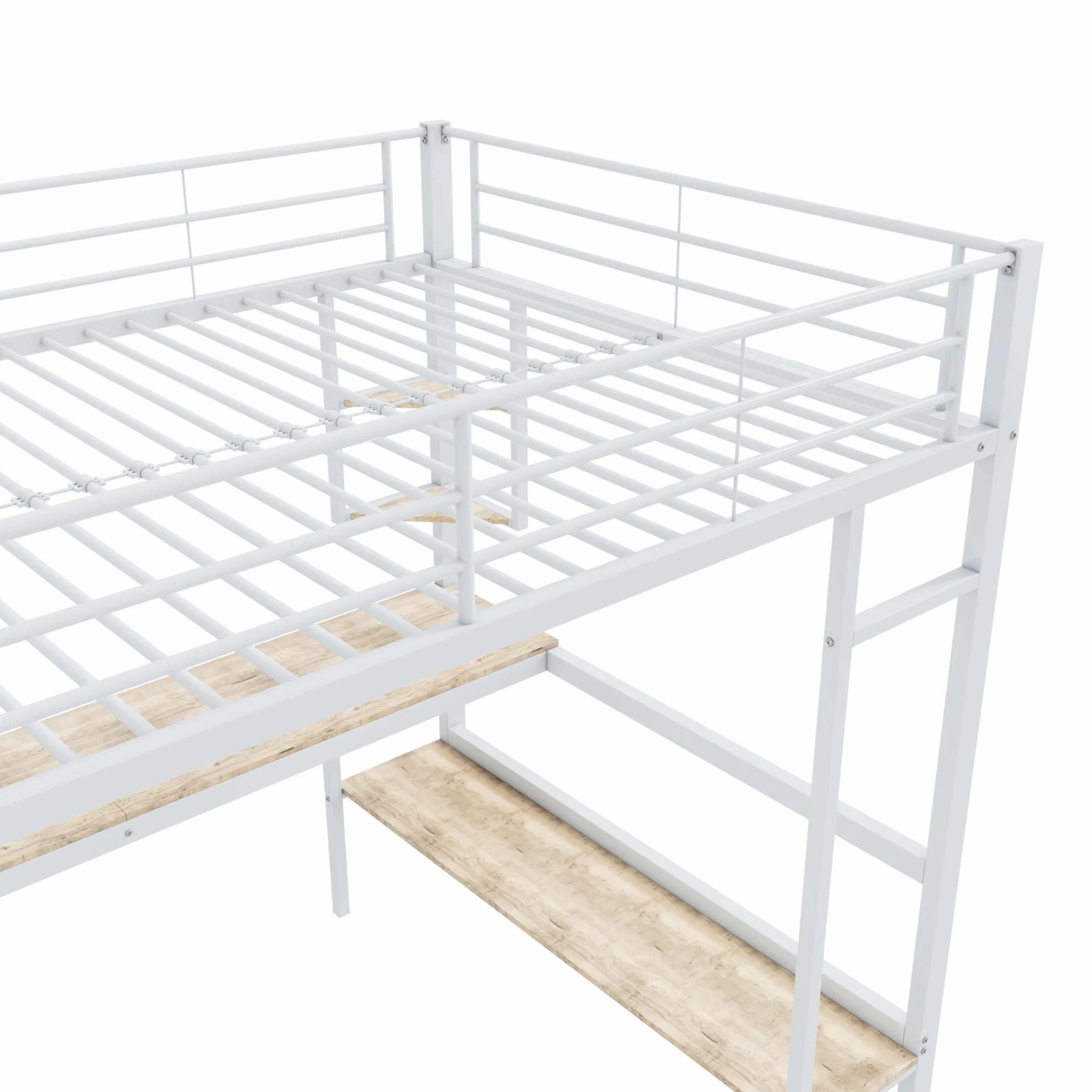 Łóżko piętrowe metalowe 90x200 cm z biurkiem i półkami, białe