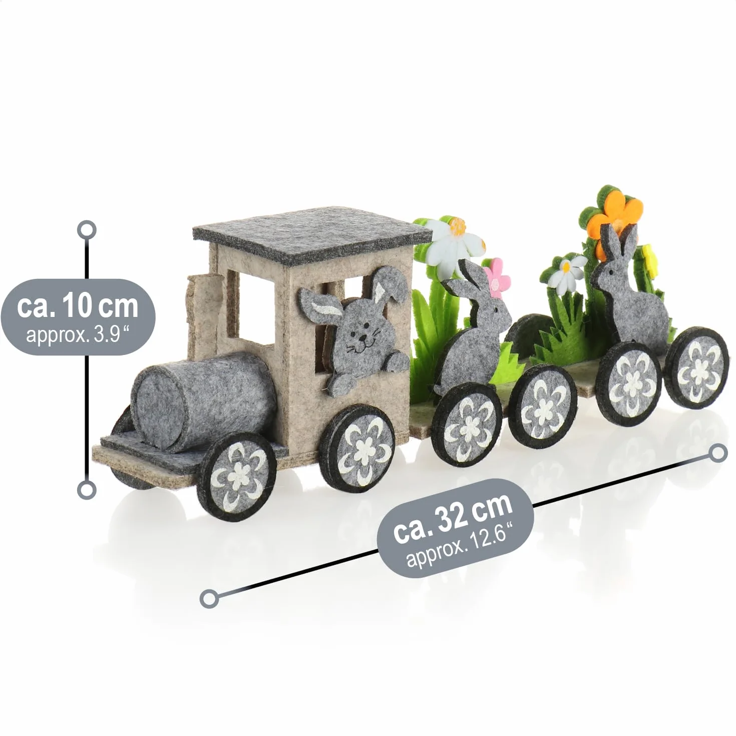 COM-FOUR® Ozdobny stojak z filcu - Pociąg wielkanocny z zajączkiem i kwiatami - Dekoracja wielkanocna