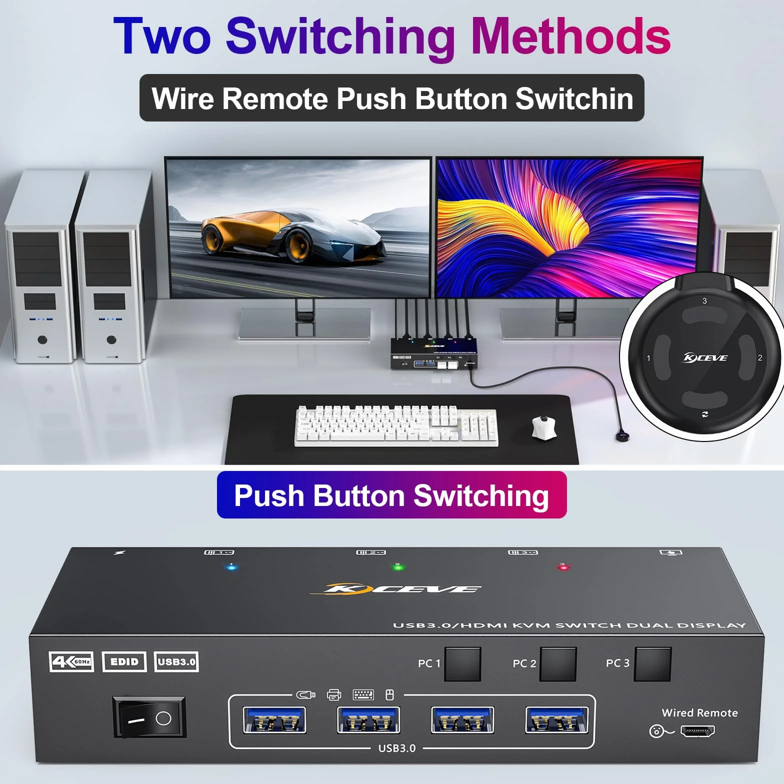 Przełącznik KVM HDMI 2 monitory 3 komputery 4K przy 60 Hz, symulacja EDID, podwójny monitor Przełącznik KVM dla 3 komputerów Udostępnij 2 wyświetlacze i 4 porty USB 3.0, przewodowy pilot i kable