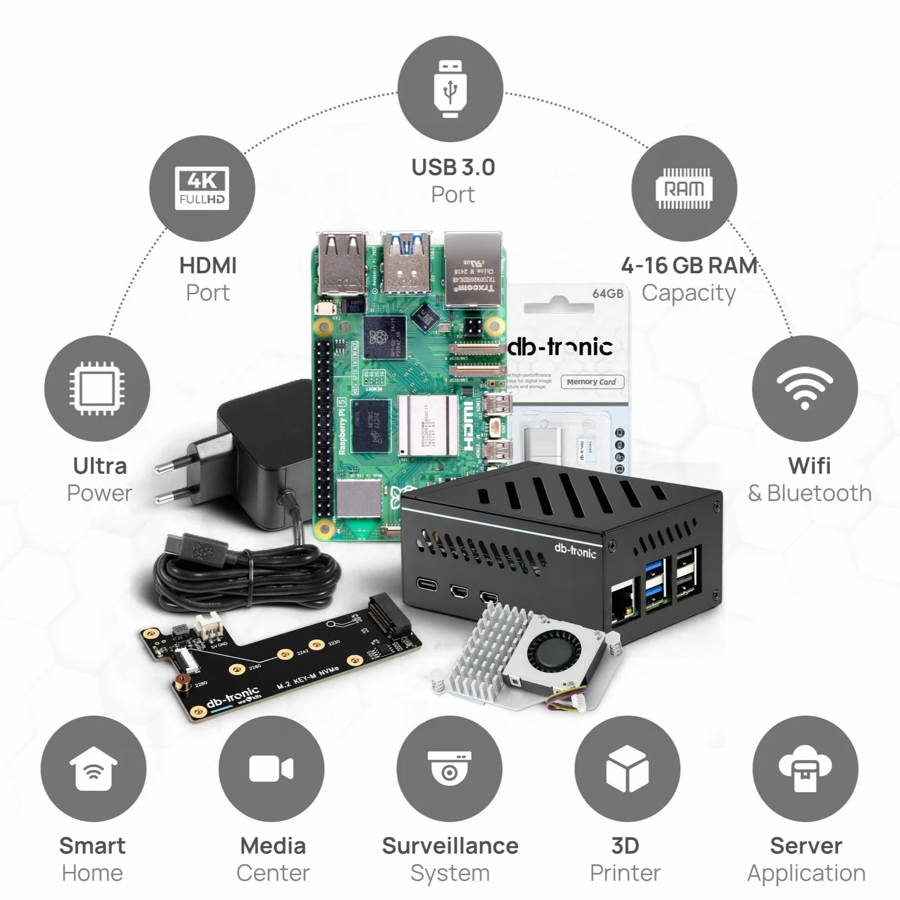 db-tronic NVMe Kit do Raspberry Pi 5 8 GB | Edycja 64 GB | Zasilacz 27 W | Metalowa obudowa | Aktywne chłodzenie | M.2 NVMe PCIe SSD | Micro HDMI 4K | idealny do Home Assistant i smart home