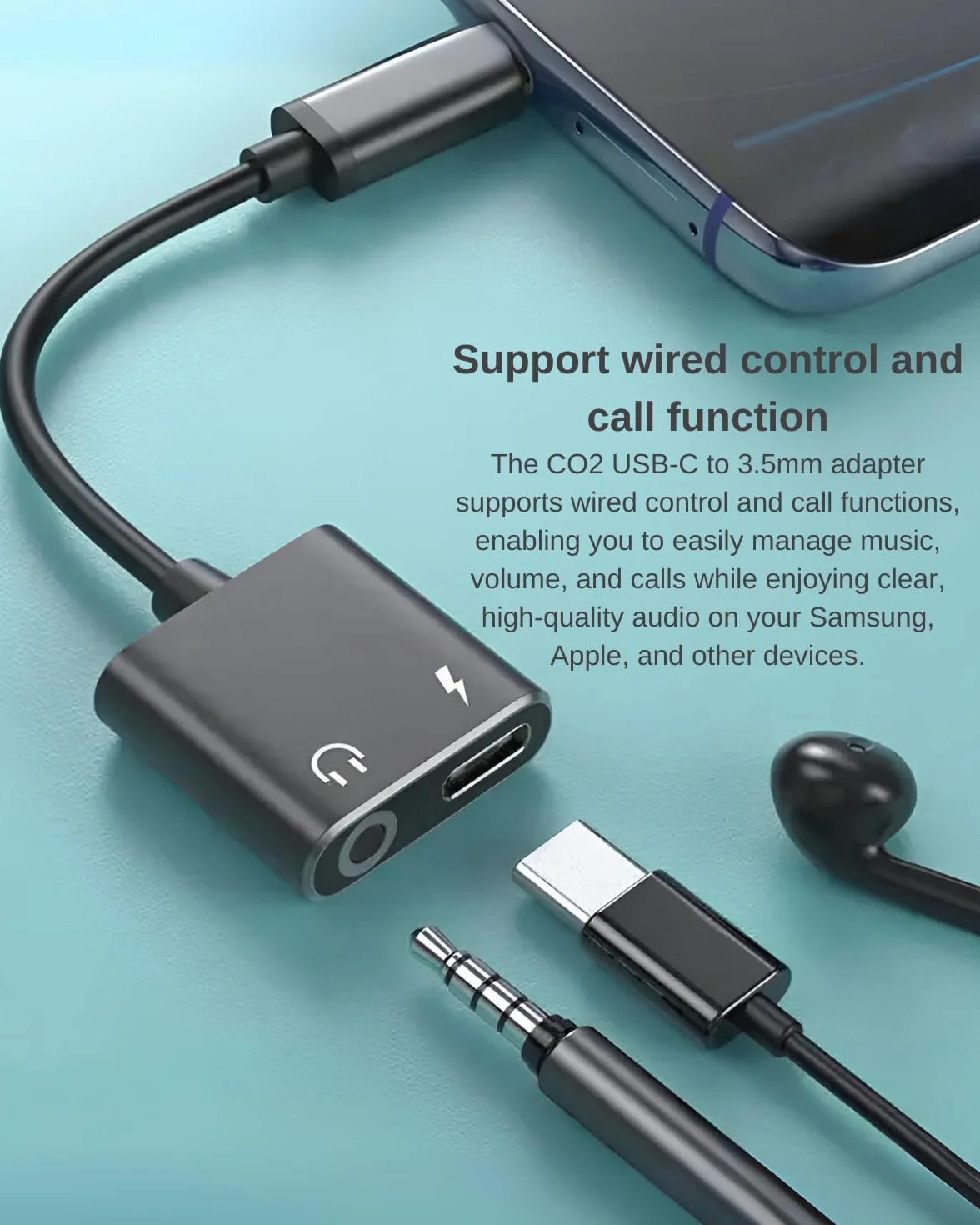 CO2 Adapter USB-C do Mini Jack 3,5 mm AUX z Przetwornikiem DAC 128 kHz HD, Hi–FI Najwyższa Jakość Dźwięku, Czarny, Kabel Kompatybilny z iPhone 16, 15, Pro, Max, Plus, MacBook, iPad Pro, Samsung (DAC)
