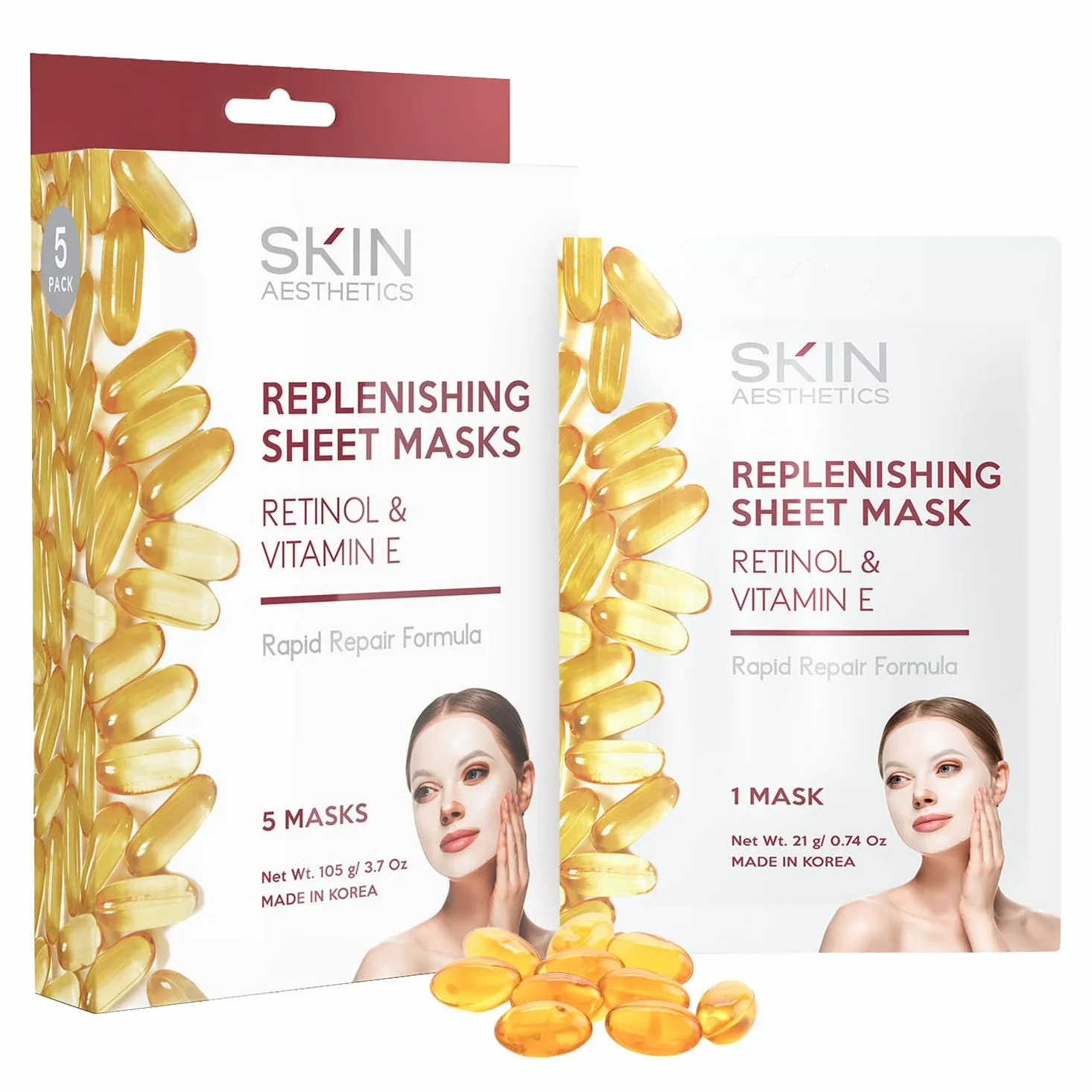 Skin Aesthetics Maska na twarz z retinolem i witaminą E, naprawia skórę, zmniejsza drobne linie i zmarszczki, przeciwstarzeniowa - przetestowana dermatolog koreańska pielęgnacja skóry - czyste piękno