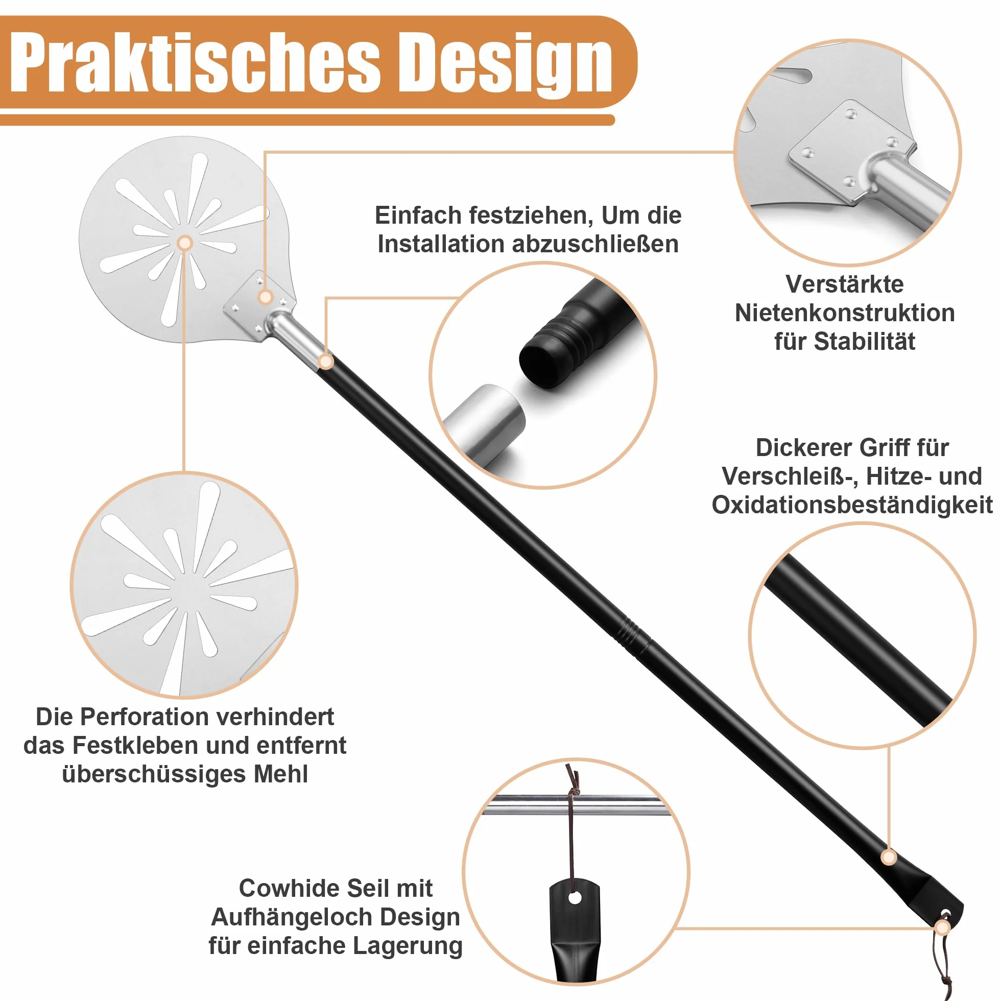 Łopatka do pizzy ze stali nierdzewnej Joyfair 17,8 cm perforowana długi uchwyt