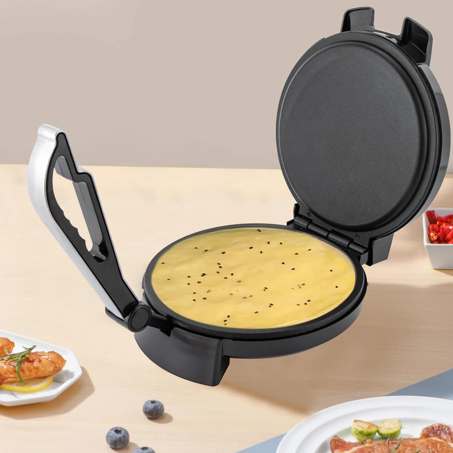 Roti Maker 1200 W elektryczny dwustronne ogrzewanie prasa do mąki kukurydzianej powłoka nieprzywierająca regulacja temperatury 53 x 18 cm