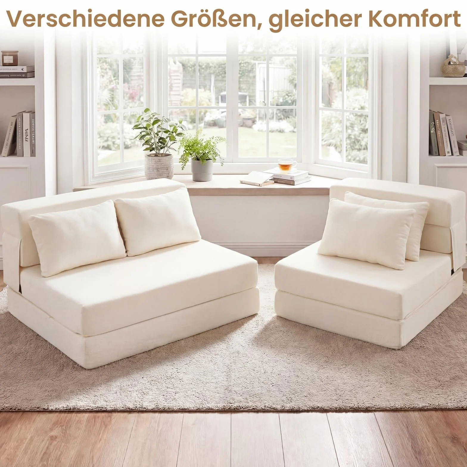 COSTWAY Rozkładana Sofa 3 w 1 z Materiału Szenilowego z 2 Poduszkami, Beżowa, 2-osobowa