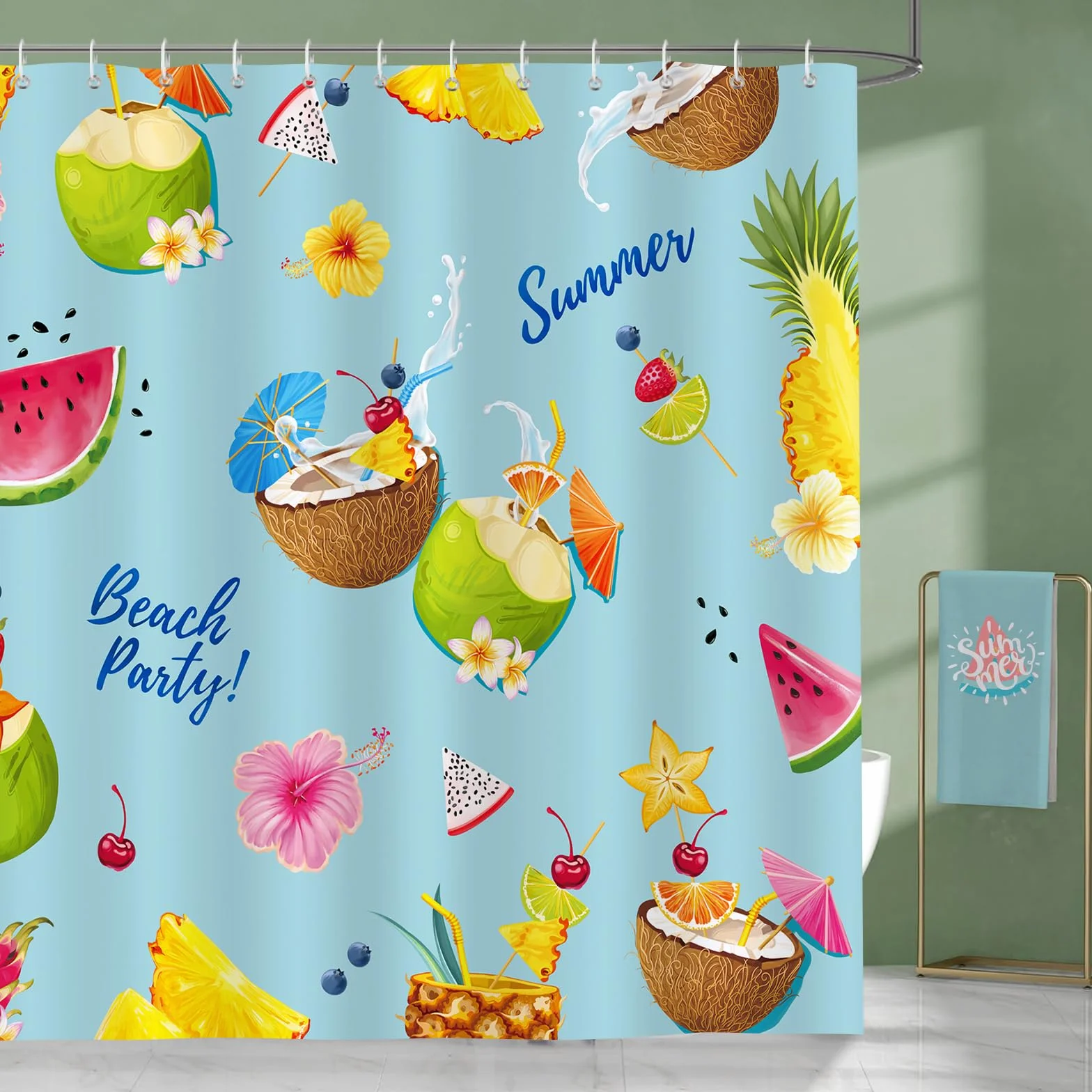 Bonhause Zasłona prysznicowa hawajski kokos ananas arbuz 183 x 183 cm tkanina poliestrowa wodoodporna z 12 haczykami