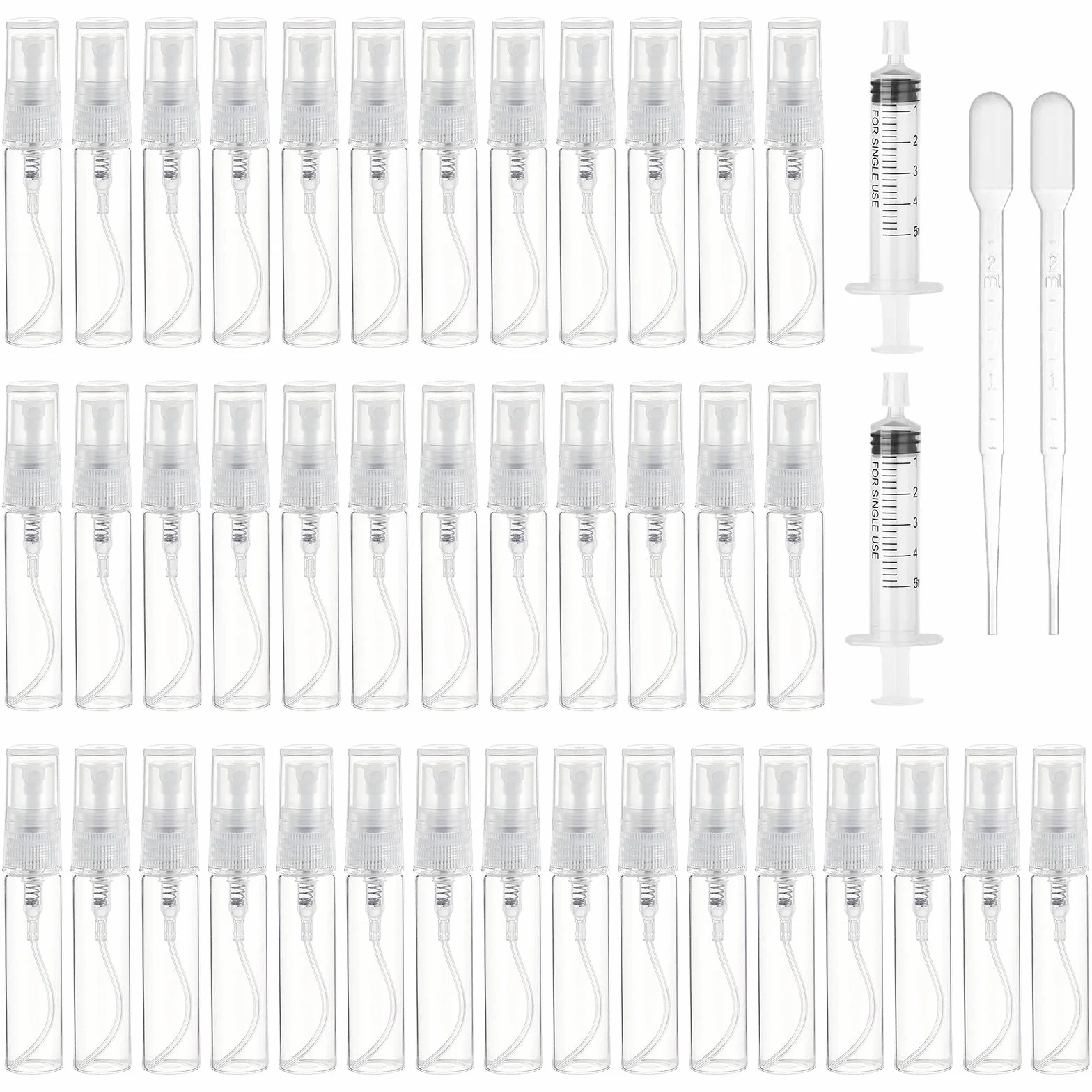 40 sztuk rozpylaczy do perfum, przezroczyste butelki z rozpylaczem do perfum, rozpylacze do podróży, nadaje się do ponownego napełnienia, mini rozpylacze kieszonkowe z 2 ml pipetą i 5 ml strzykawką do