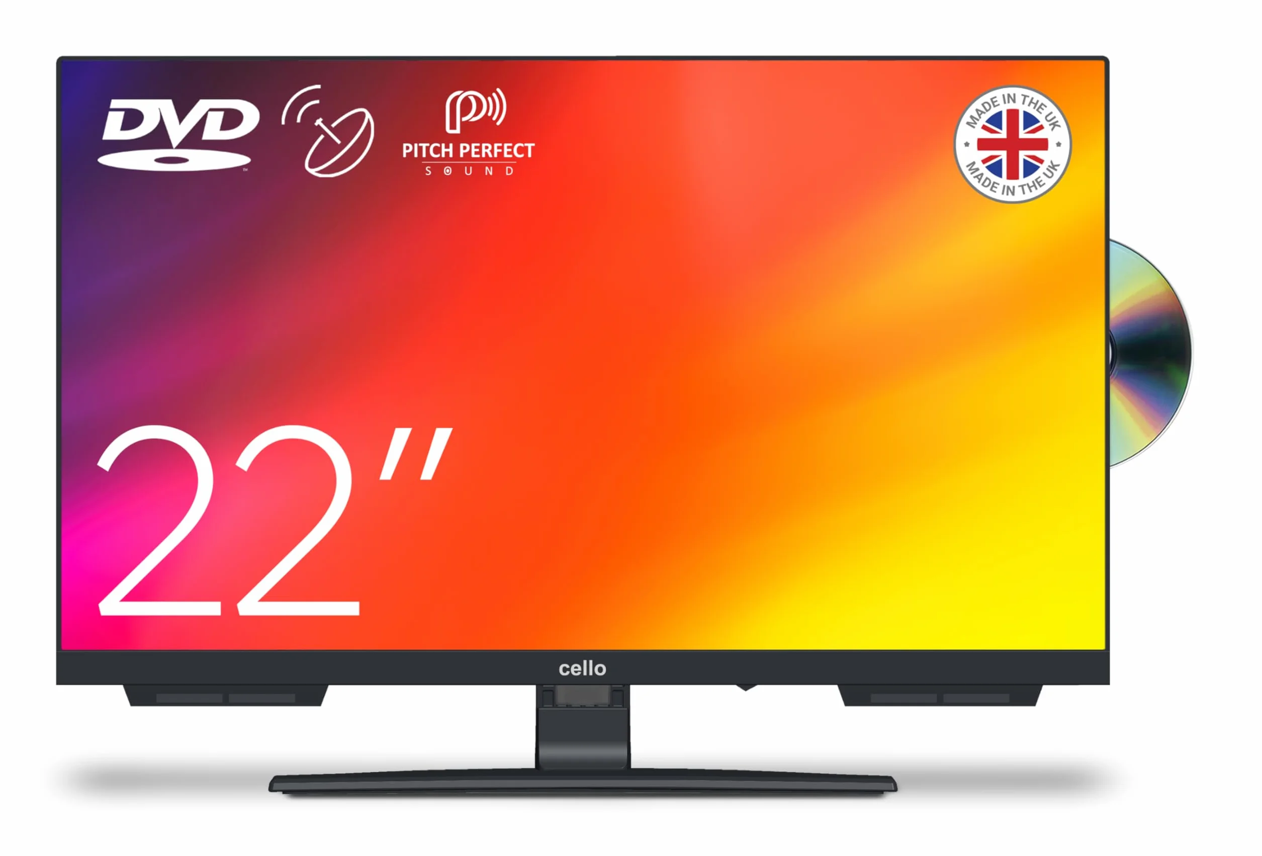 Cello C2224F 22-calowy telewizor Full HD, 230 V, wbudowany odtwarzacz DVD, wbudowane głośniki satelitarne z doskonałym odtwarzaniem dźwięku, bez połączenia, łatwy w użyciu