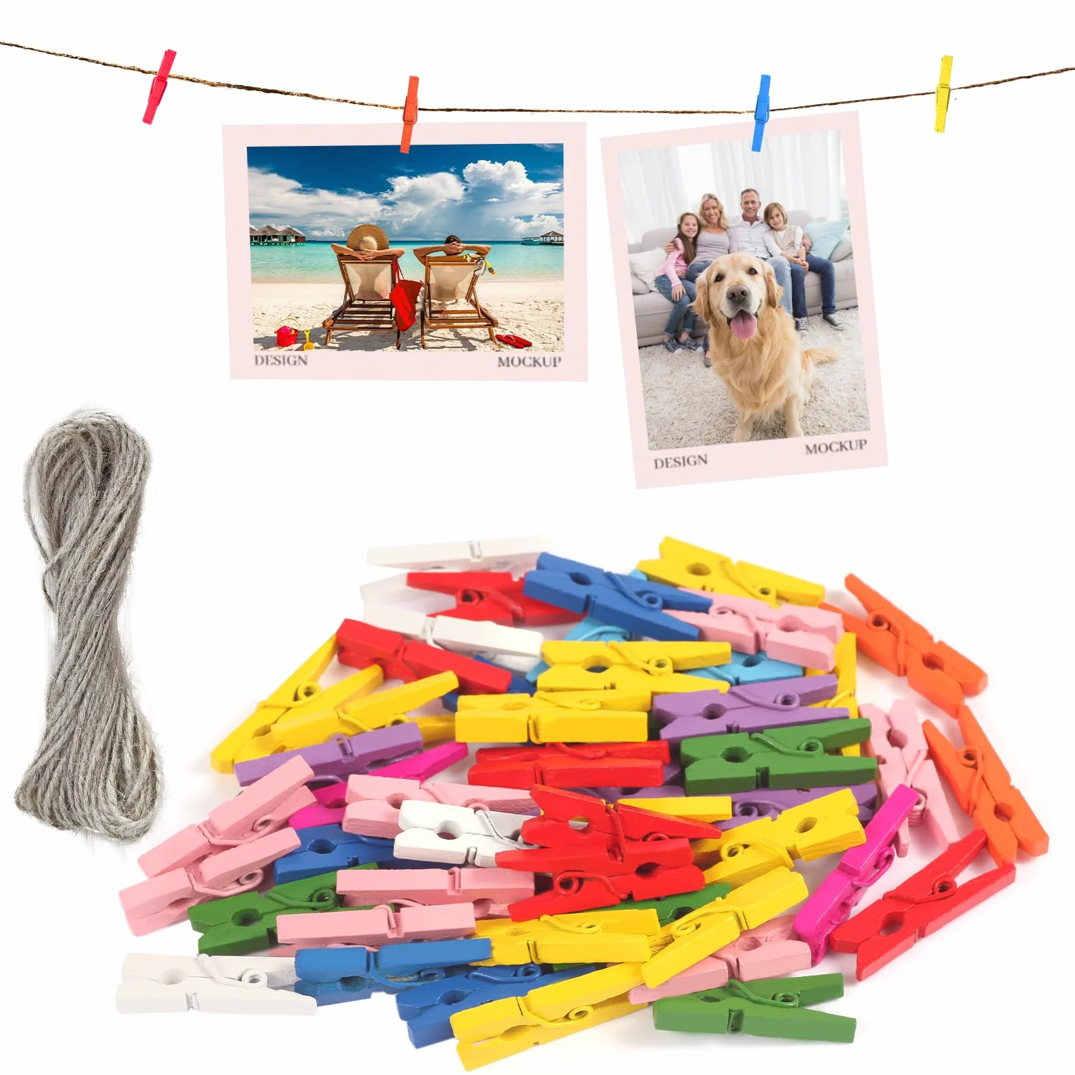 Drewniane klamerki, 120 sztuk, drewniane, 2,5 x 0,3 cm, ze sznurkiem o długości 10 m, małe klamerki do zawieszenia zdjęć i kartek pocztowych oraz wszelkiego rodzaju dekoracji imprezowych