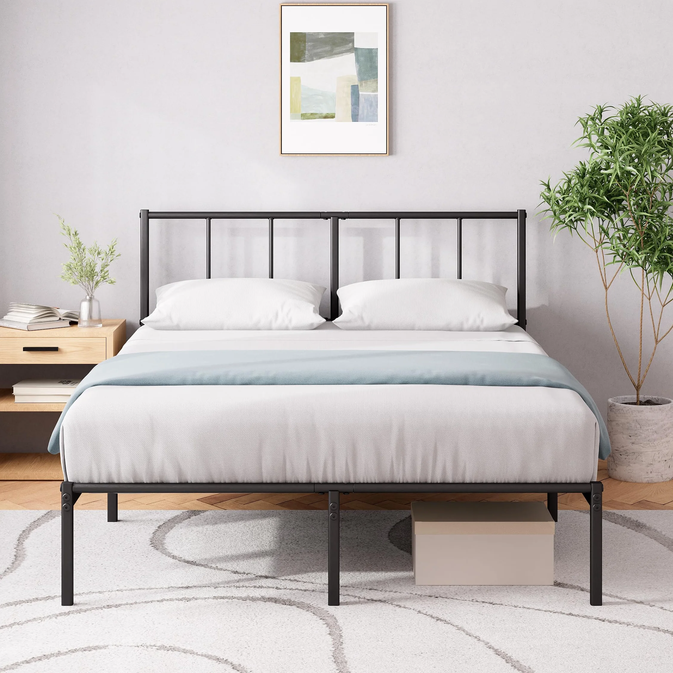 Zinus Justin Łóżko 200 x 140 cm – 35 cm wysokości – metalowa rama łóżka z zagłówkiem – metalowe łóżko ze stelażem – nie wymaga łóżka kontynentalnego, wolna przestrzeń pod łóżkiem, nowoczesne