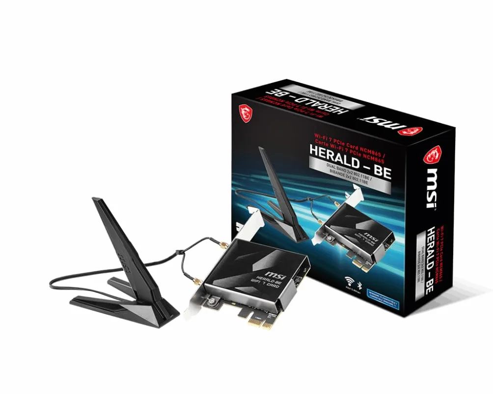MSI Herald-BE WI-FI 7 MAX (Wi-Fi 7, 802.11BE, Bluetooth 5.4, PCIe, technologia obsługi multi-link, antena zewnętrzna)