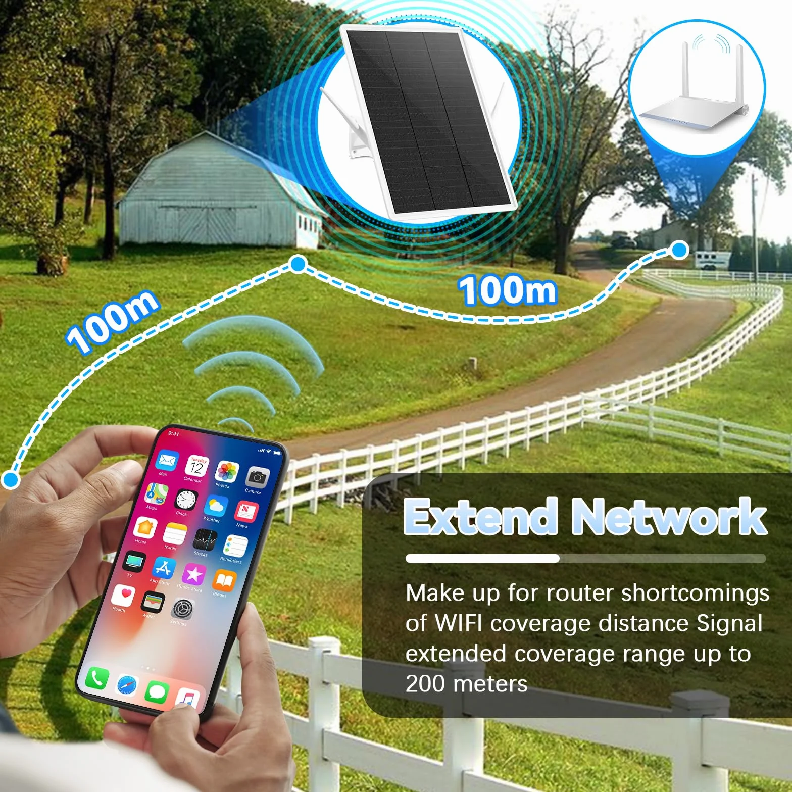 Wzmacniacz Wi-Fi Repeater zewnętrzny akumulator solarny, Wi-Fi Booster WiFi Range Extender zasięg do 100 m, wzmacniacz Wi-Fi 2,4 GHz z 300 Mbit/s, punkt dostępu Wi-Fi, kompatybilny z urządzeniami 2,4