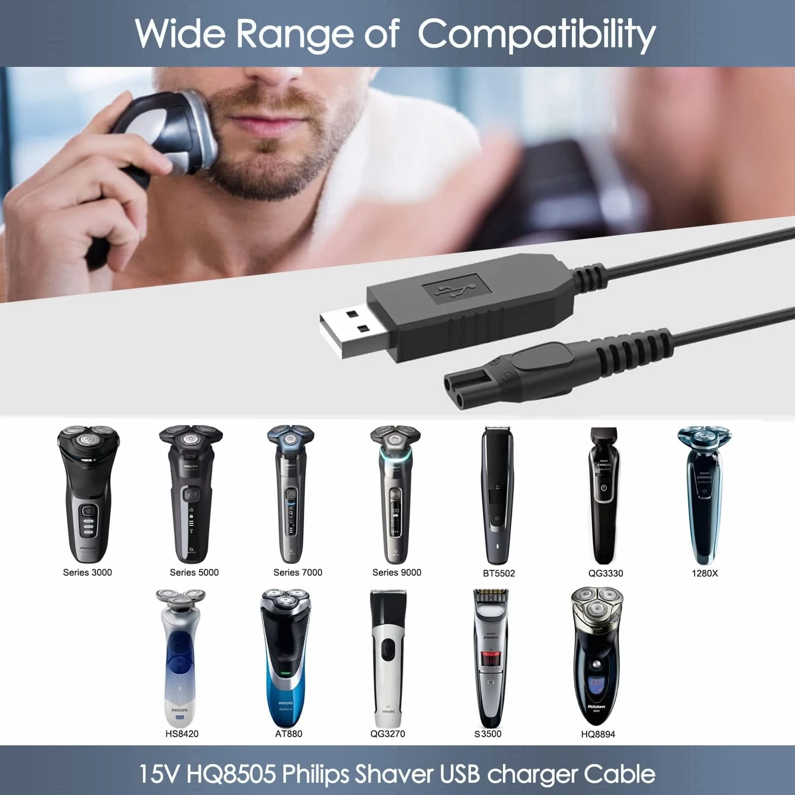 Philips HQ8505 Ładowarka USB 15V do golarki, kabel zastępczy kompatybilny z Series 3000 5000 One Blade QP6520 QP6510