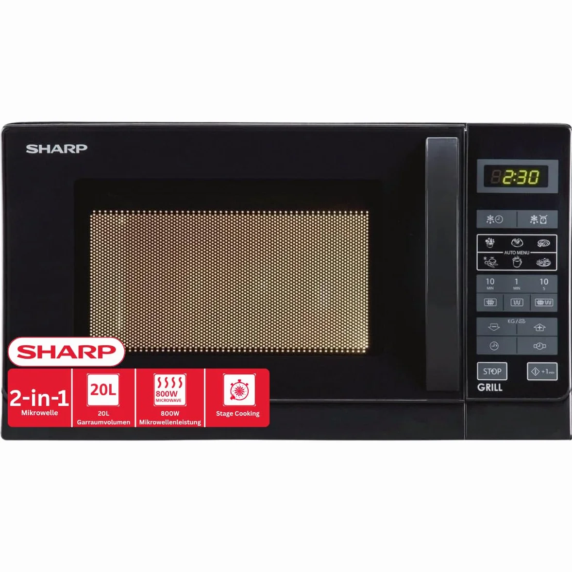 Sharp R642BKW kuchenka mikrofalowa 2-w-1 z grillem 20 l 800 W 1000 W grill kwarcowy 8 programów automatycznych czarny