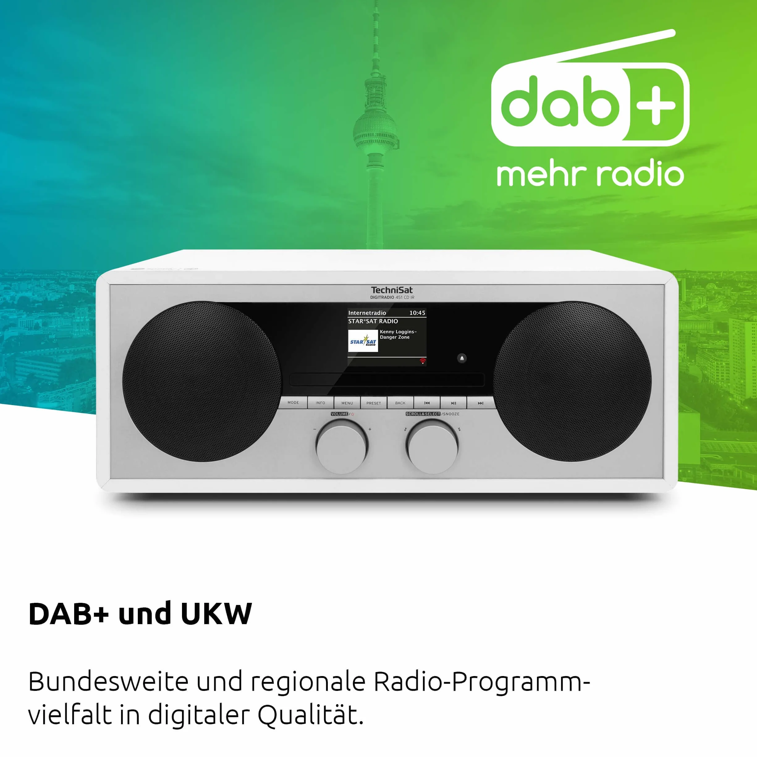 TechniSat DIGITRADIO 451 CD IR – radio internetowe z odtwarzaczem CD (DAB+, UKW, stereo, AUXIN, Bluetooth Audiostreaming, Spotify, USB, funkcja ładowania, odtwarzanie MP3, Wi-Fi, 2 x 15 W), białe