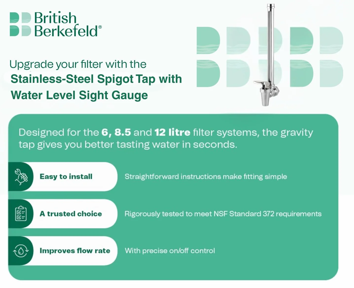 British Berkefeld Kran Ze Stali Nierdzewnej Z Wskaźnikiem Poziomu Wody | Konstrukcja Zapobiegająca Wyciekom | Kompatybilny Z Systemami Grawitacyjnymi 6, 8,5 I 12 L |Zapewnia Wyraźny Widok Poziomu Wody
