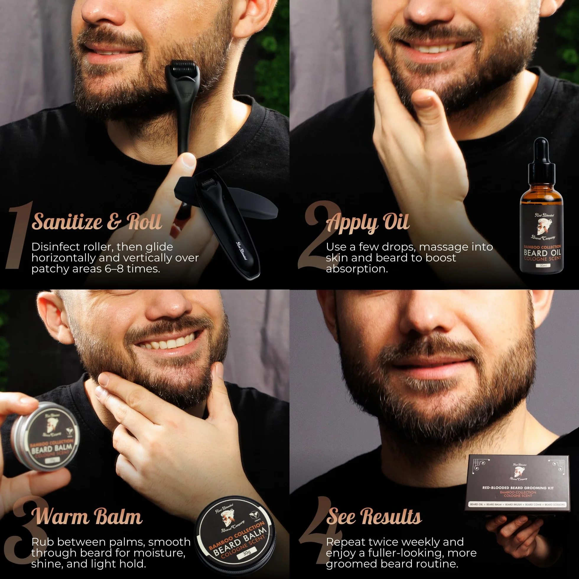 Zestaw na porost brody Red Blood - wałek do brody + olejek do brody + balsam do brody - derma wałek 0,5 mm na odrost włosów - zapach koloński