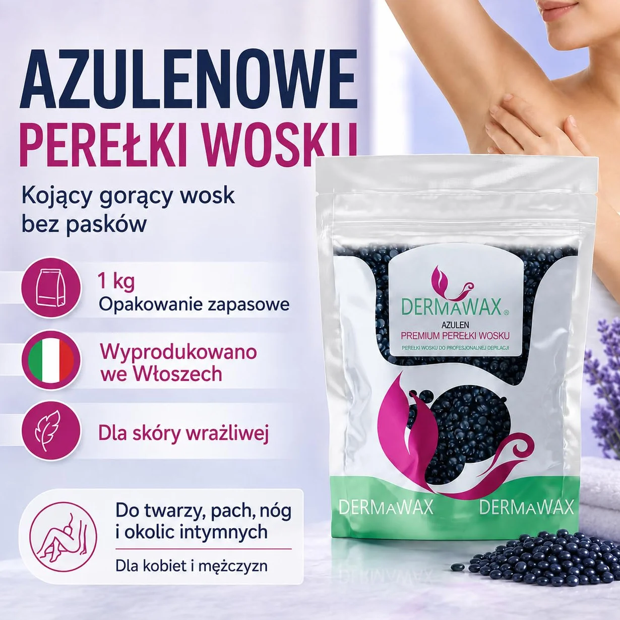 Dermawax 1 kg pereł woskowych z azulenu – kojący gorący wosk bez pasków z włókniny do usuwania włosów – delikatne dla skóry wrażliwej – do twarzy, okolic intymnych, nóg i pach, wyprodukowano we