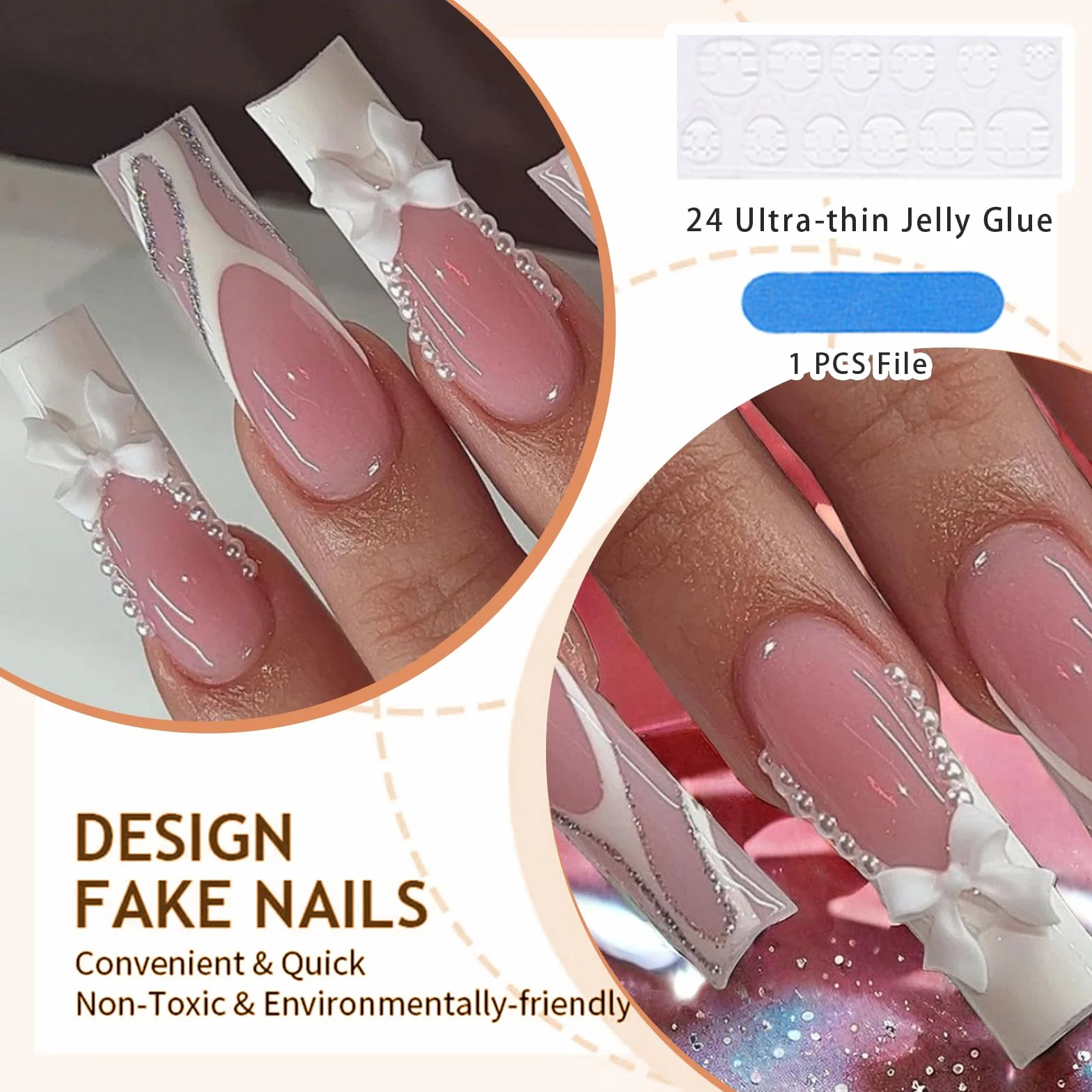 GlamRays French Tip Press On Nails długie, kwadratowe, sztuczne paznokcie, błyszczące, trumienne, sztuczne paznokcie z kokardą i strasem, biała francuska końcówka z perłowymi wzorami, akrylowe