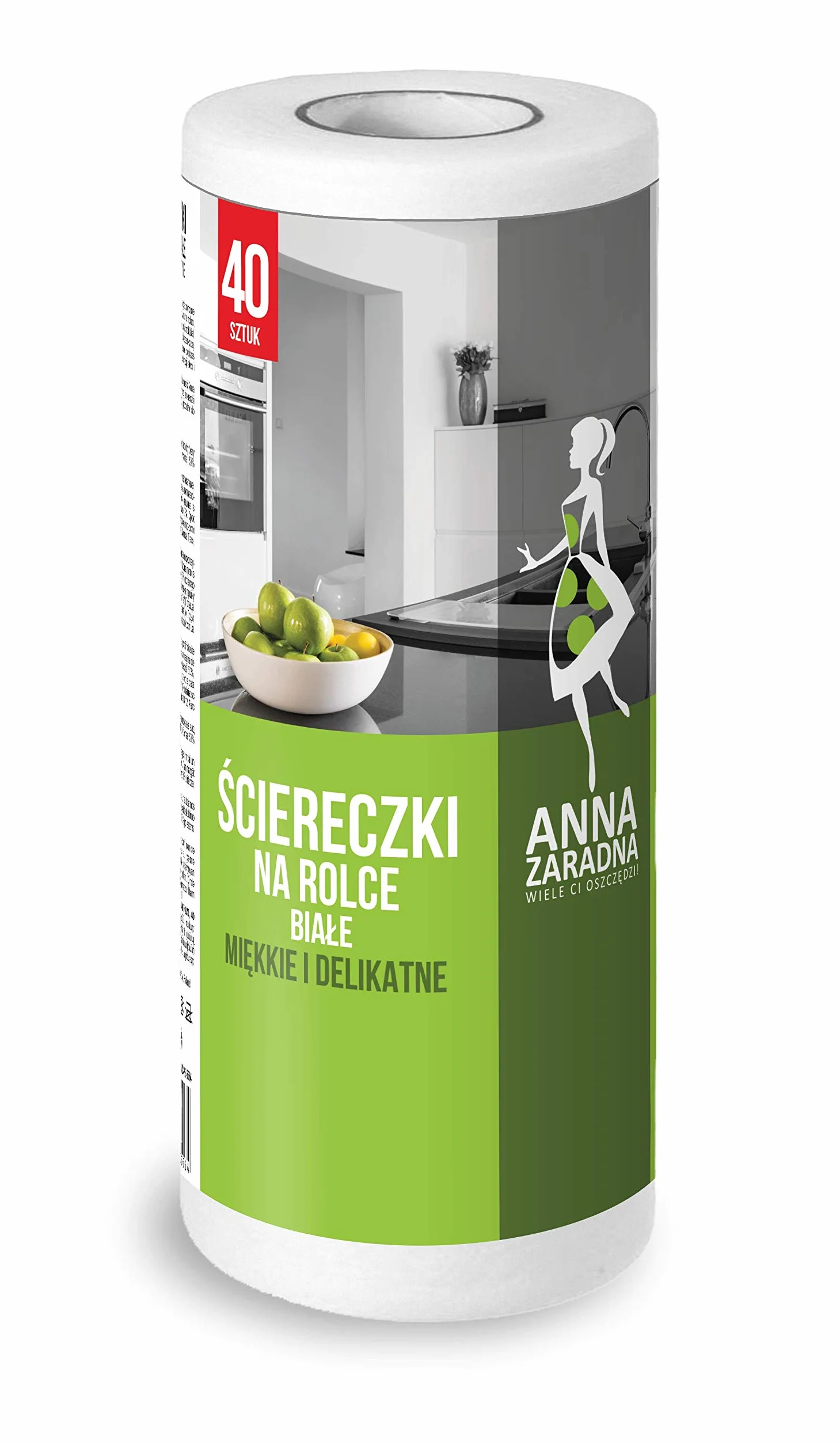 ANNA ZARADNA 035564 Wysokiej jakości ściereczka do wycierania na rolce/rolce kuchennej, nadaje się do prania, 40 sztuk/kolor: biały/wstępnie perforowana dla łatwiejszego wyjazdu/wyprodukowana w UE,