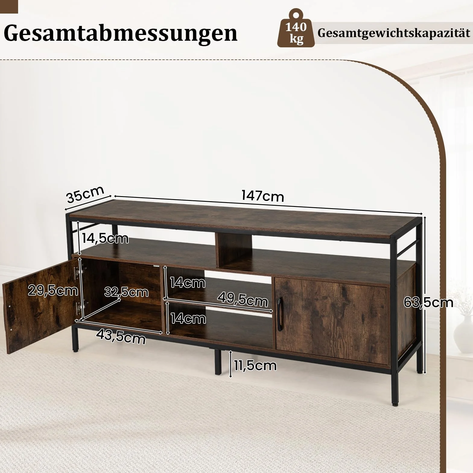 COSTWAY Szafka pod telewizor 65" 147x35x63.5 cm brązowa z metalowymi nogami