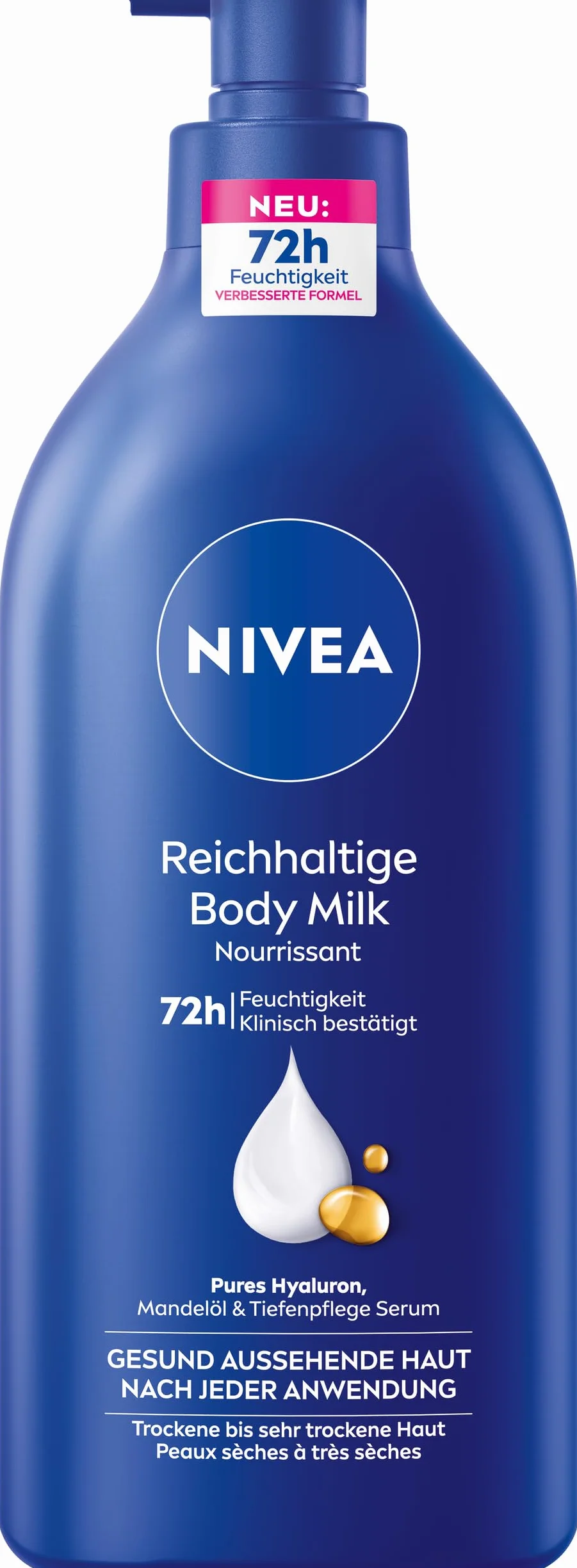 NIVEA Bogate mleczko do ciała, intensywnie pielęgnujący krem do ciała z czystym kwasem hialuronowym, olejkiem migdałowym i serum do głębokiej pielęgnacji, balsam do suchej skóry (625 ml)