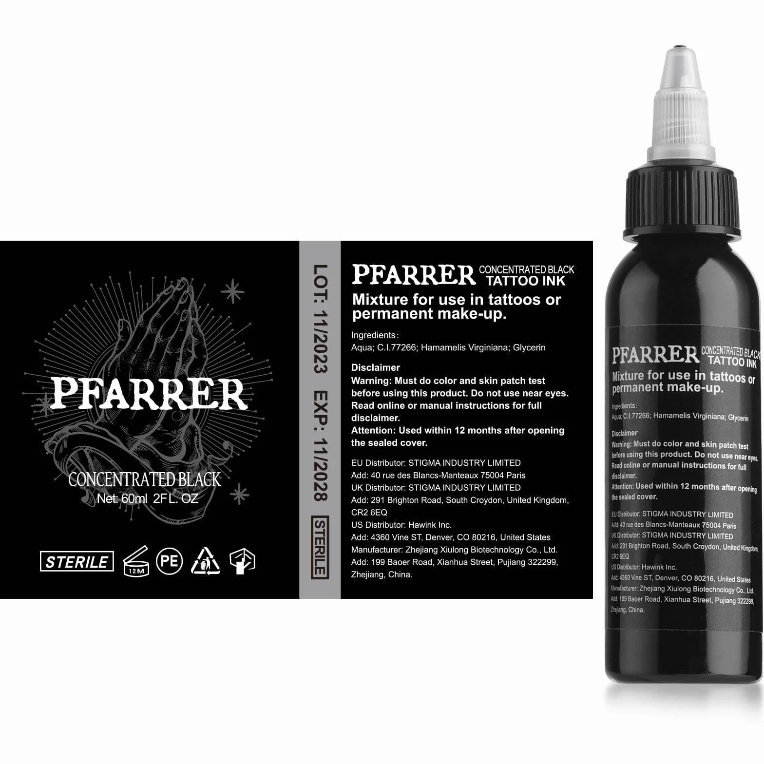 PFARRER Czarny tusz do tatuażu 60ml (2oz) Przyjazny dla wegan, standard USA, koncentrat tuszu do tatuażu TI7003-60-002