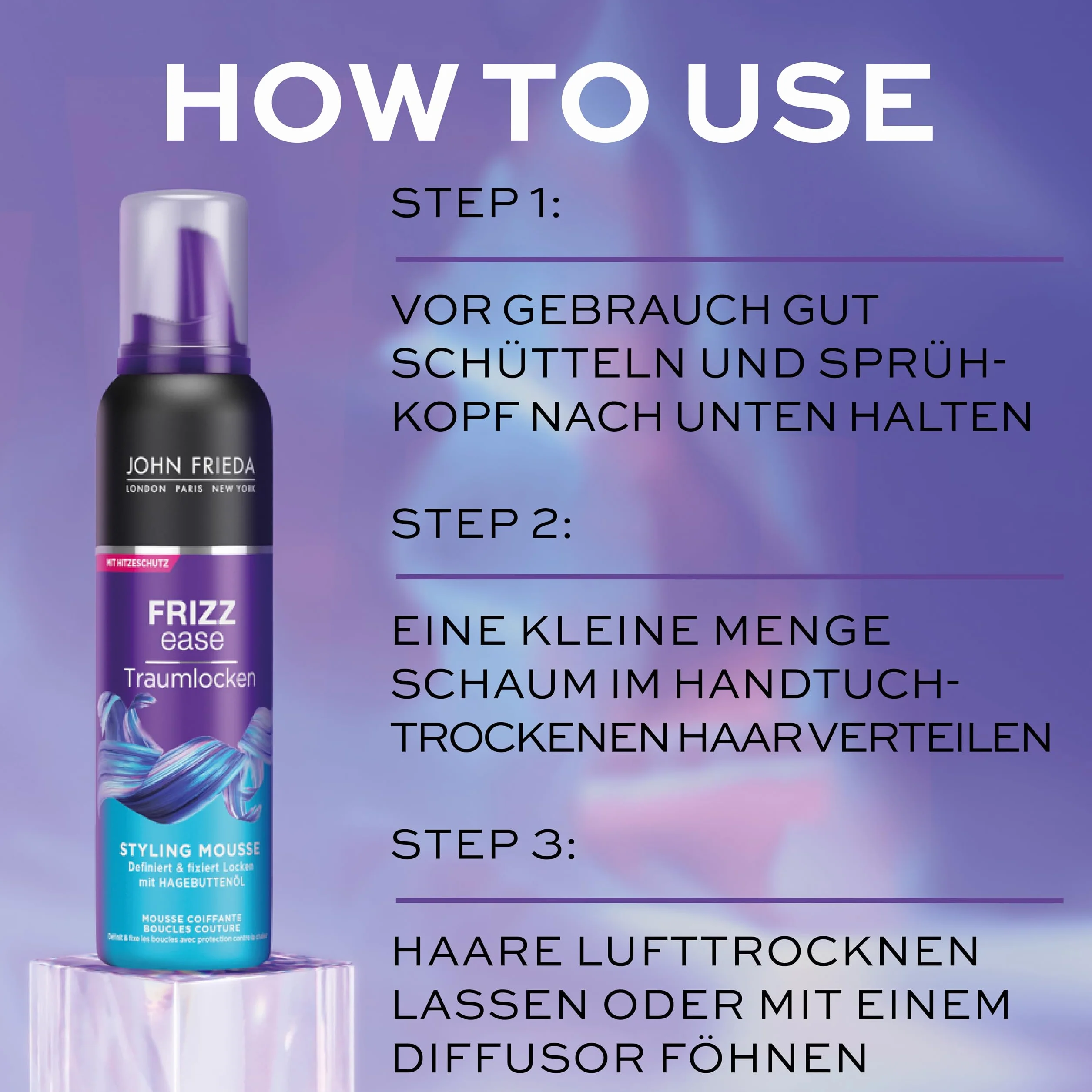 John Frieda Frizz Ease Traum-Lousse Styling Mousse – zawartość: 200 ml – z ochroną przed wysoką temperaturą – definiuje i utrwala loki – blask
