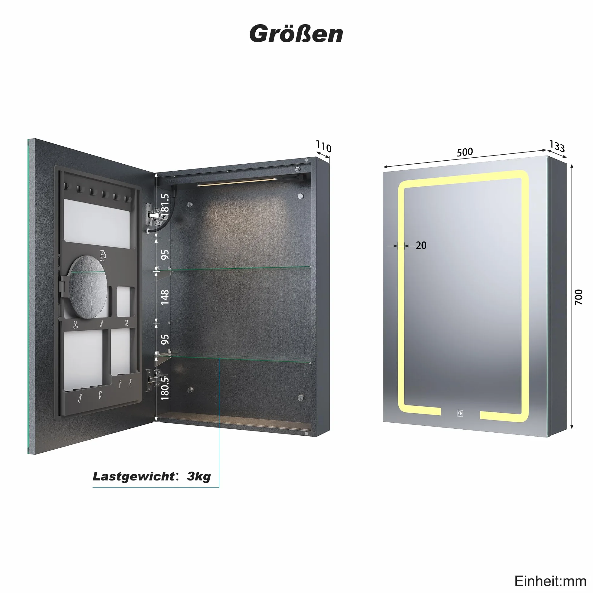 SONNI Szafka z lustrem LED z organizerem na kosmetyki, 50 x 70 cm, gniazdko elektryczne i 3-krotne powiększenie, 3 kolory światła, możliwość przyciemniania – ciemnoszara