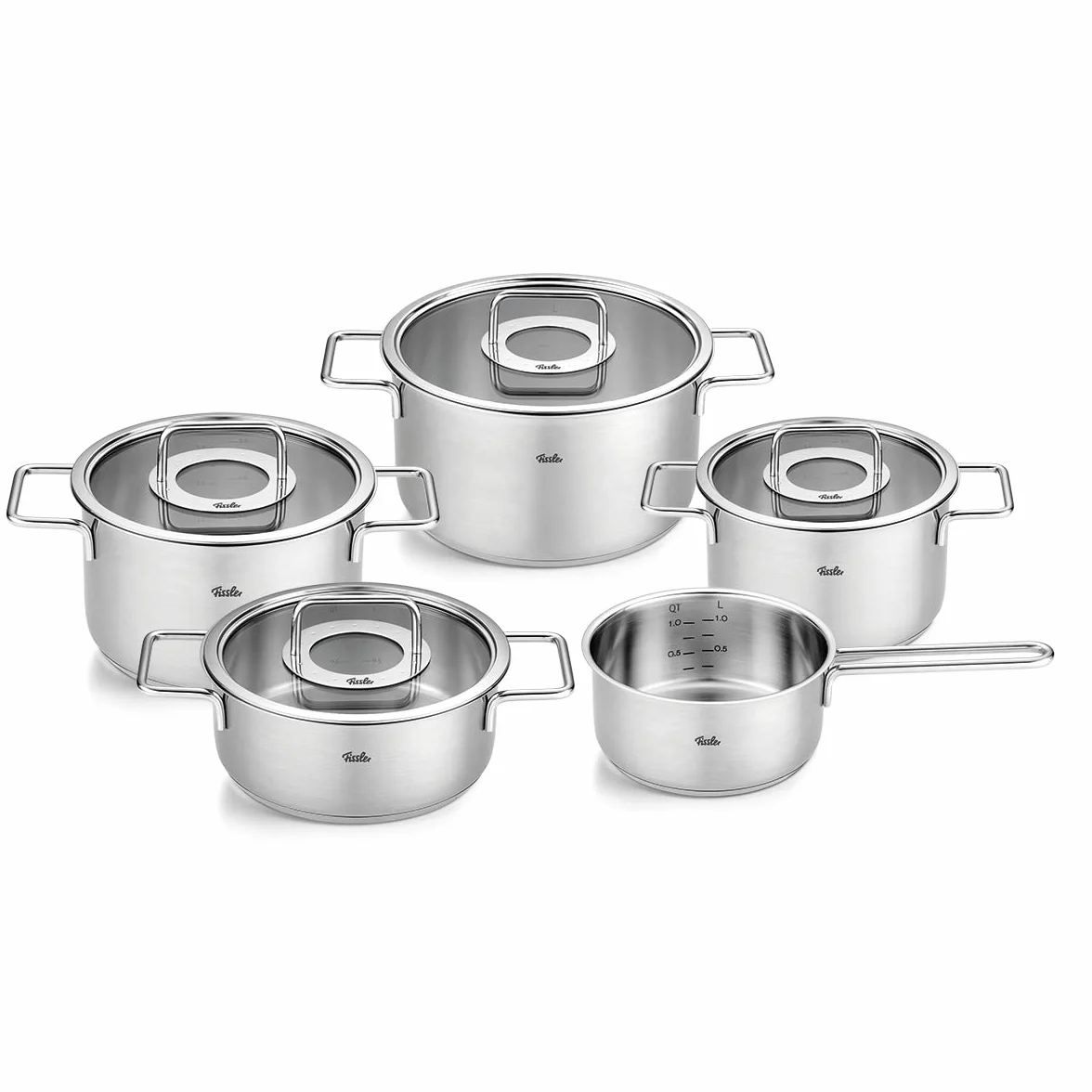 Fissler Pure Collection zestaw garnków ze stali nierdzewnej, 5-częściowy, garnki ze szklaną pokrywką (3 garnki, 1 garnek do pieczenia, 1 rondel) – indukcja