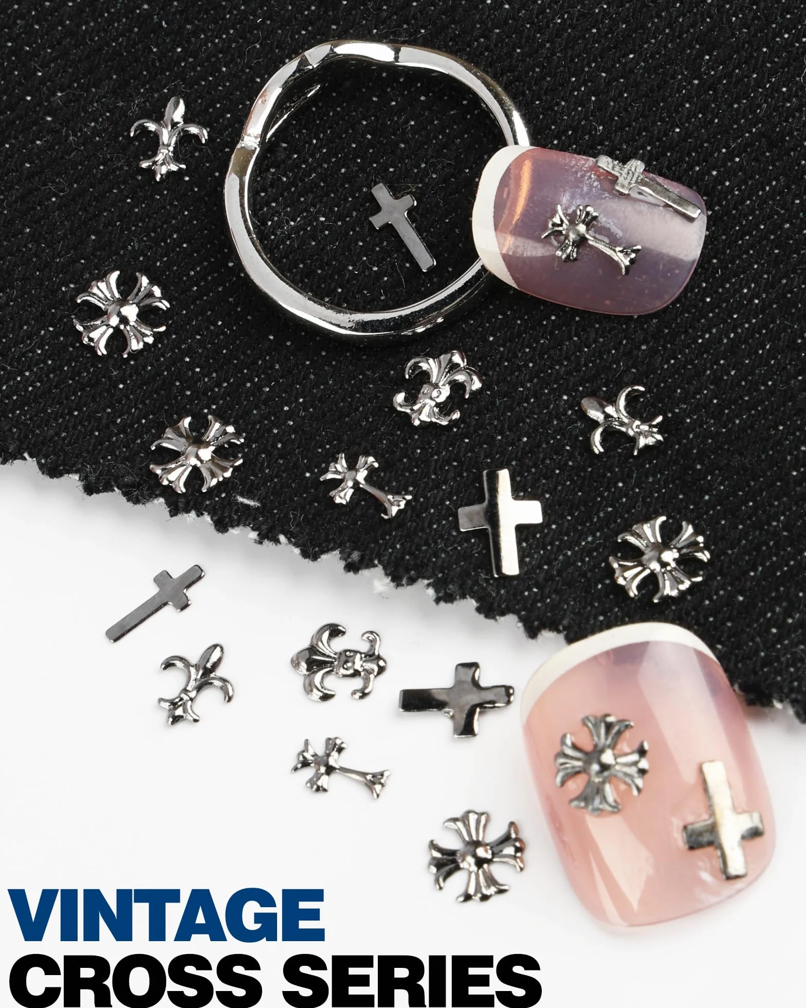 3D Naklejki do Paznokci, 300 Sztuk Dekoracje do Paznokci, Metalowe Charms do Paznokci w Stylu Punk Gotyckim Retro Srebrne, Charmy do Paznokci z Krzyżem do Nail Art DIY i Salonu