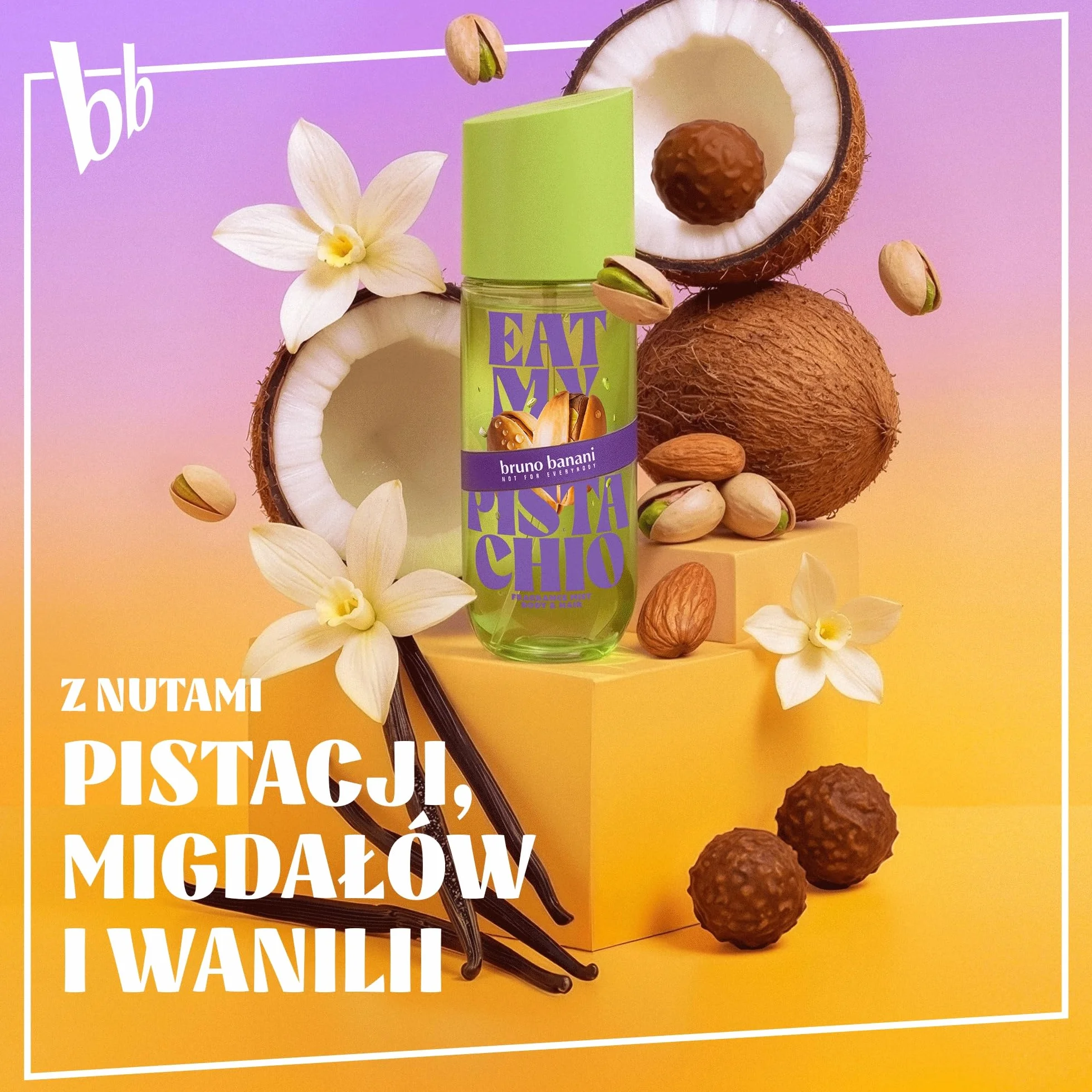 bruno banani Eat My Pistachio perfumowana mgła do ciała i włosów dla kobiet, odświeżająca, długotrwała, bursztynowy zapach gourmand, 236 ml