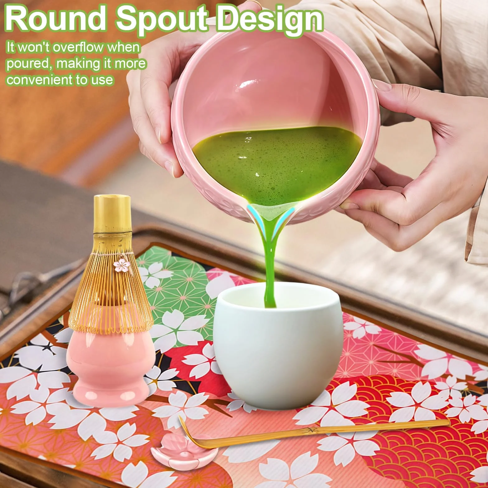 Zestaw matcha różowy 7-częściowy ceramiczny do herbaty z miotłą, miską, sitkiem