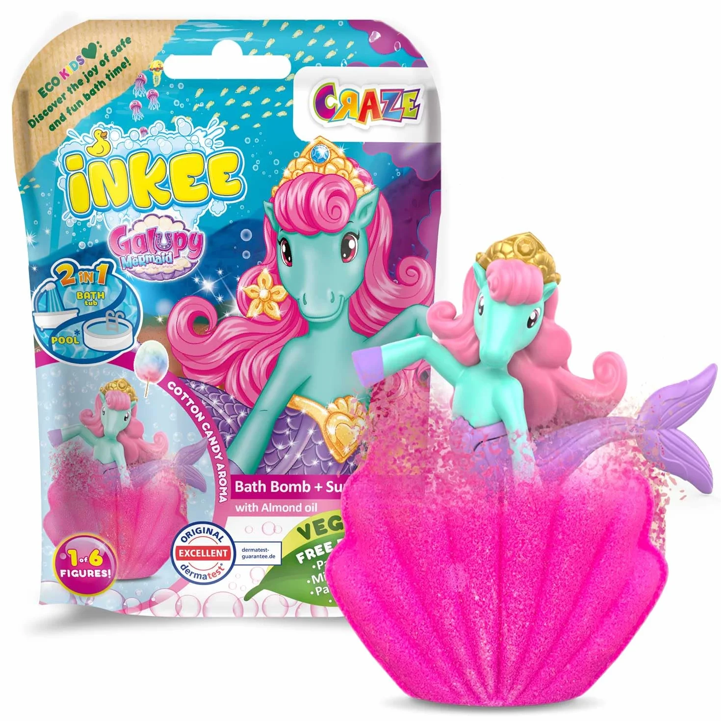 INKEE Surprise GALUPY MERMAID | Bomba do Kąpieli Jednorożca z Niespodzianką, Kule do Kąpieli dla Dzieci w Kształcie Muszli z Figurkami Syreny i Aromatem Waty Cukrowej